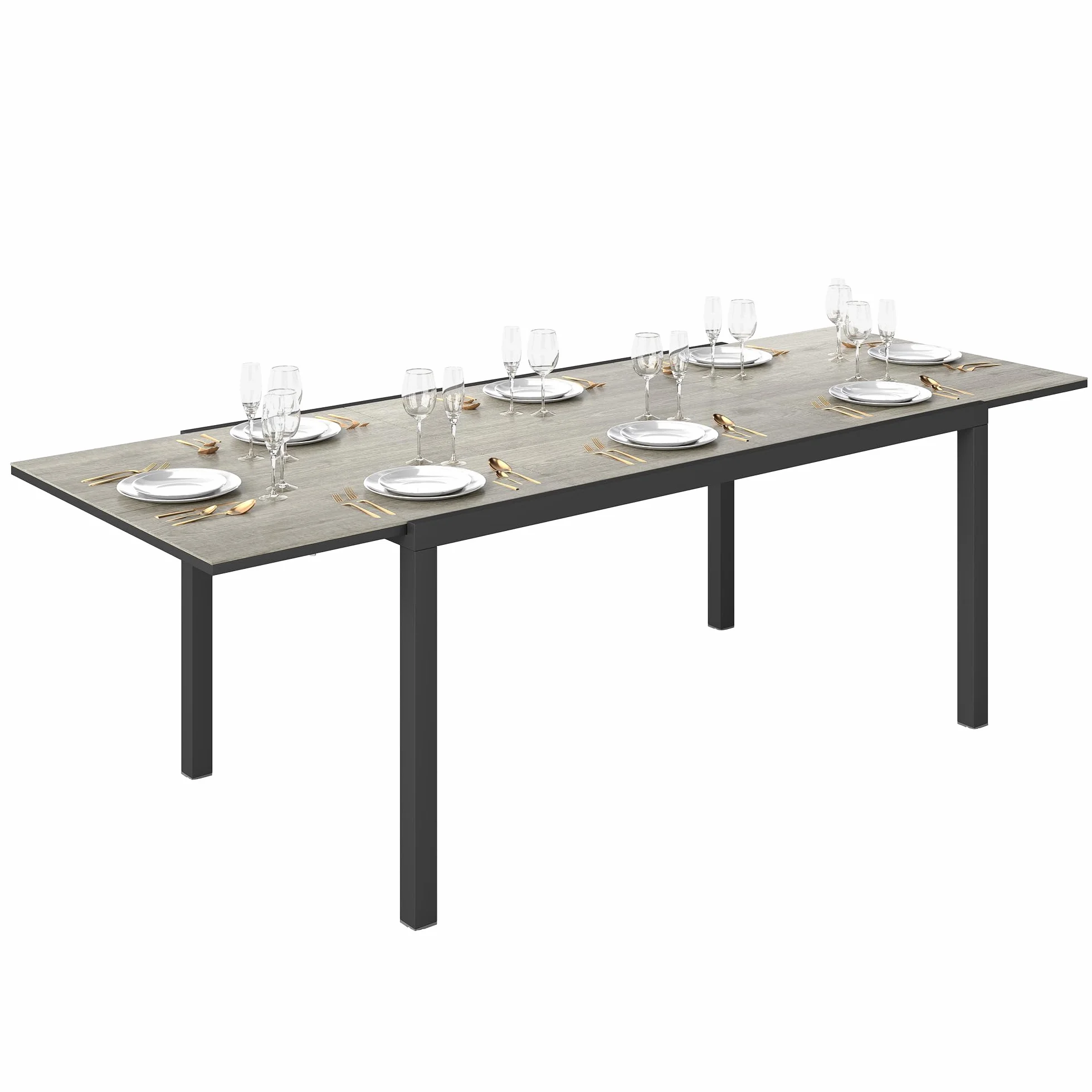 Outsunny Tavolo da Giardino Allungabile da 160-240 cm, Tavola da Pranzo Estensibile per 6-8 Persone Rettangolare in Alluminio con Piano Effetto Legno, Per Patio, Terrazzo, Balcone ed Esterno, Grigio