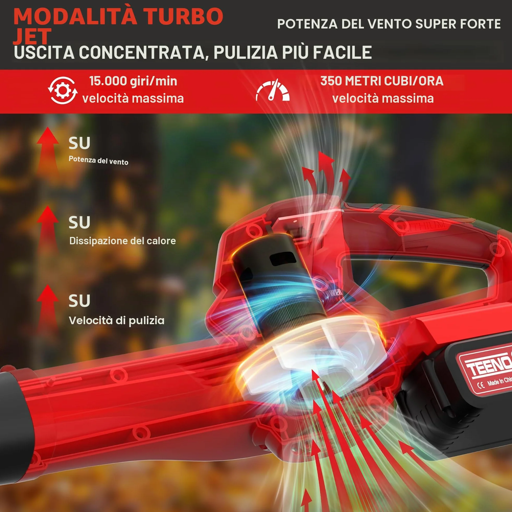 Soffiatore per Foglie TEENO Elettrico Senza Fili, Ad Alta Prestazione (210 km/h), 4Ah *2, 6 Livelli di Aria, Tubo Smontabile, Per Giardino Pro/Domestico, Compatibile con batterie Makita