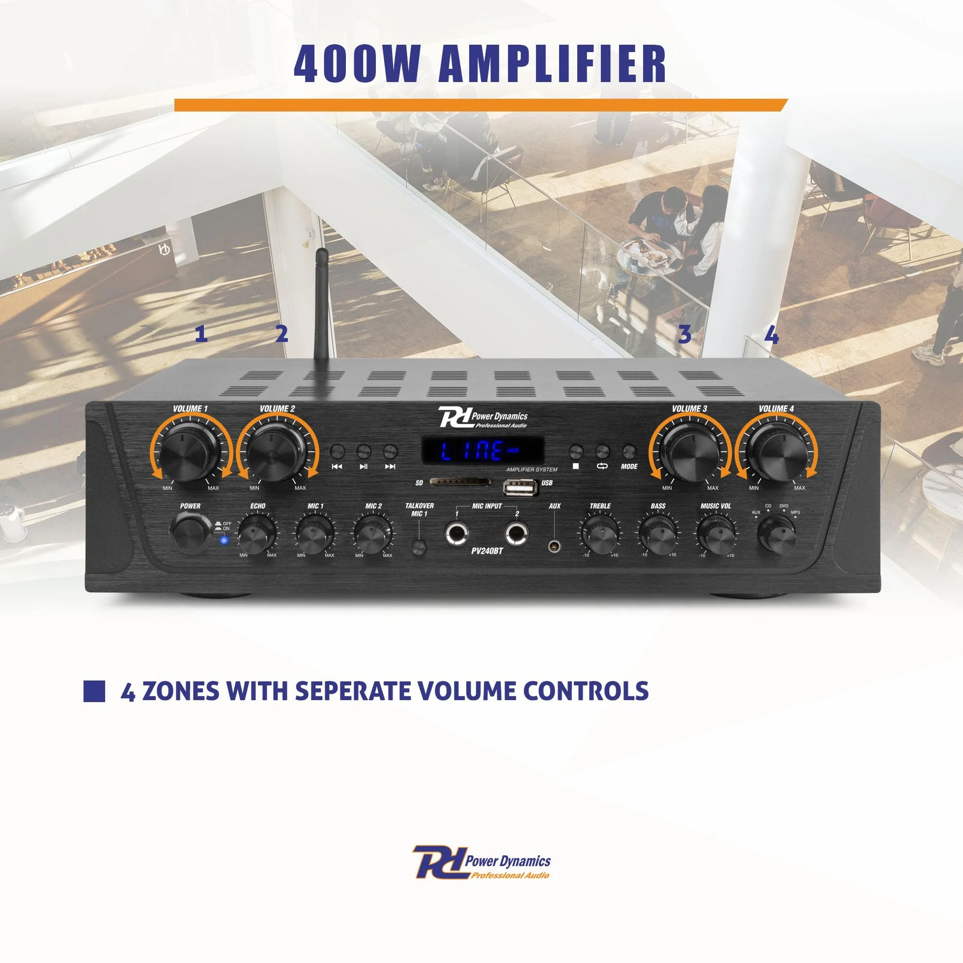 Power Dynamics PV240BT 4-zone versterker met Bluetooth, radio & mp3 speler, 8x 50W, Zwart