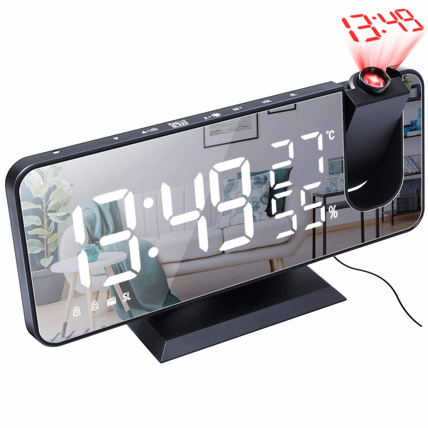 ThreeH Sveglia a Proiezione per Camera da Letto Ampio Display a Specchio LED 7,4'' con Ricarica USB Ruotabile 180° Nero-Bianco