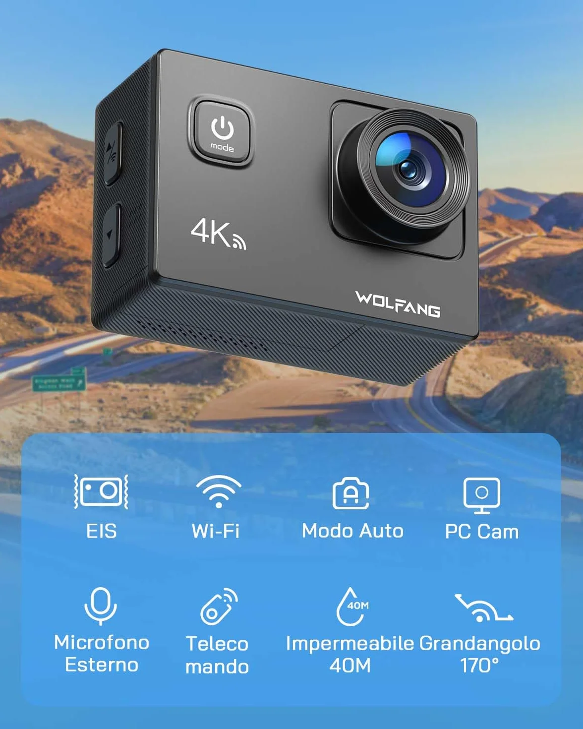 WOLFANG GA100 Action Cam 4K 30FPS 20MP 170° Grandangolo Impermeabile 40M con 32GB MicroSD EIS Telecomando 2.4G