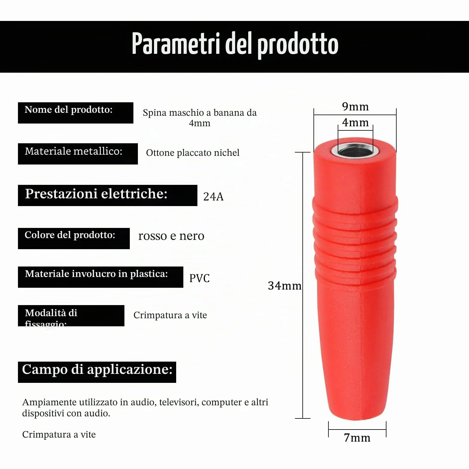 Spina Banana Femmina 4mm Presa Jack Isolata PA Rame per Test Elettrici Rosso Nero 16 Pezzi