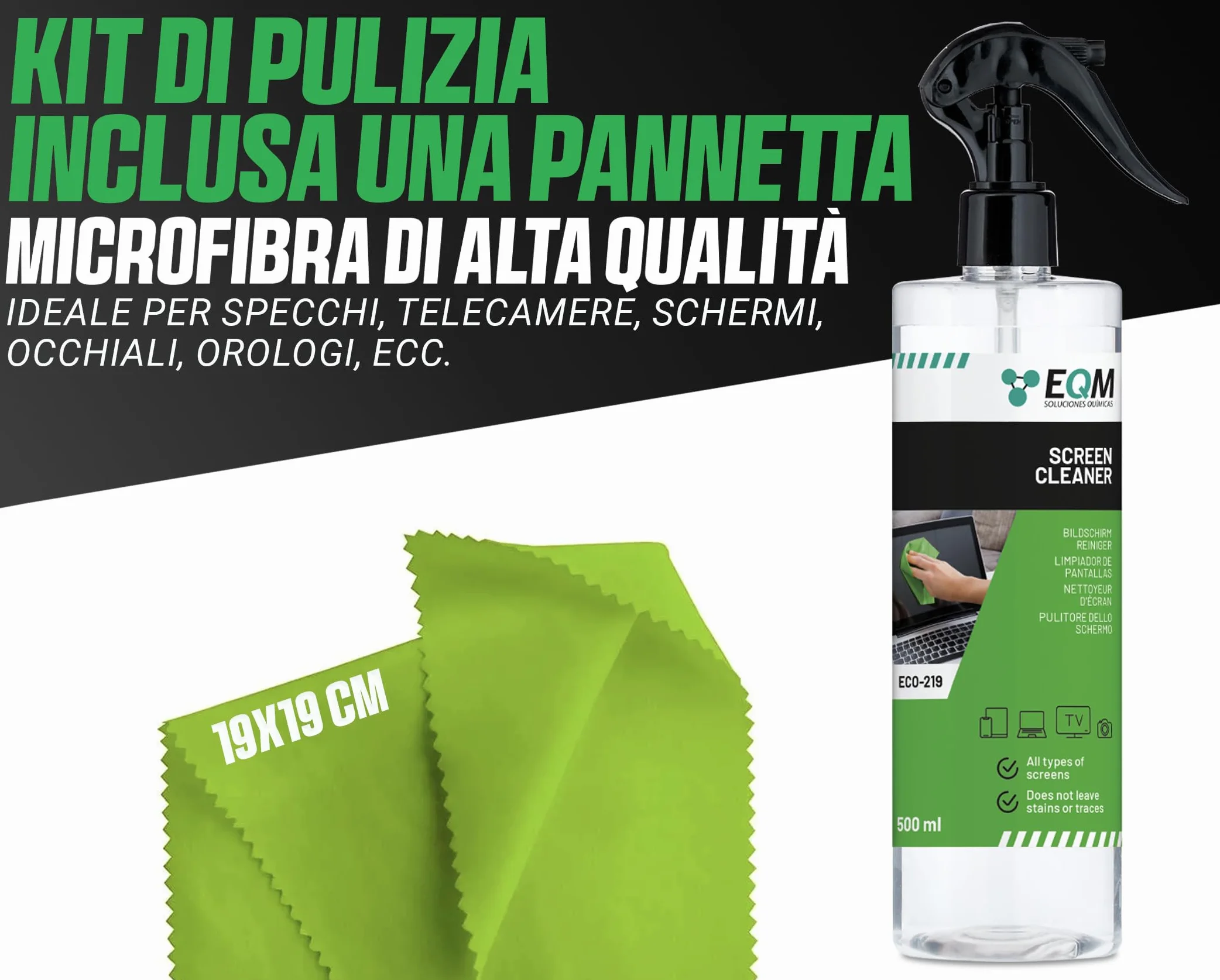 Pulizia dello Schermo 500 ML EQM ECO-219 Panno in Microfibra per Display Tablet Cellulare Laptop
