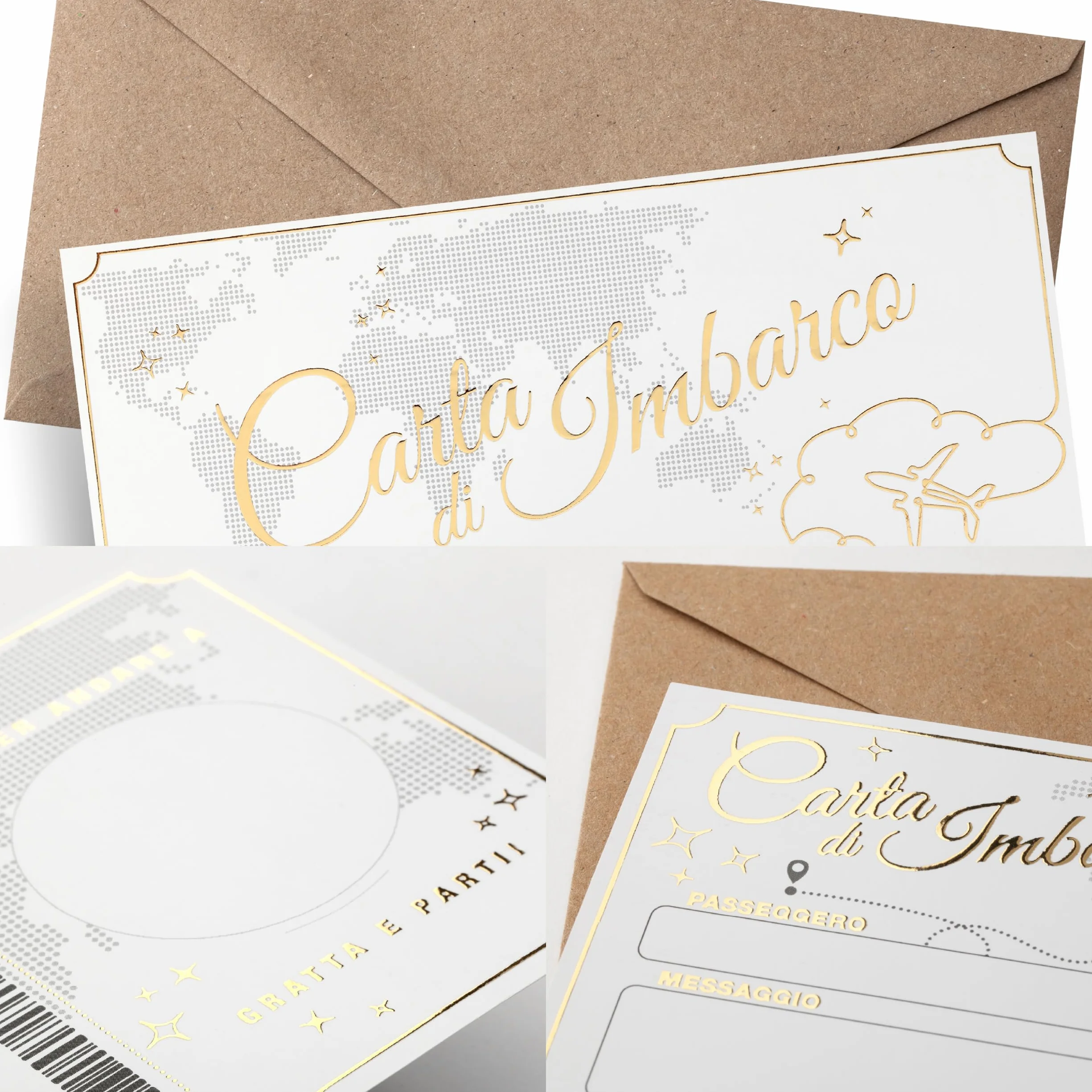 SIMAITALIA Biglietto Viaggio Sorpresa da Grattare - Elegante Regalo per Viaggiatori Personalizzabile (Bianco e Oro)
