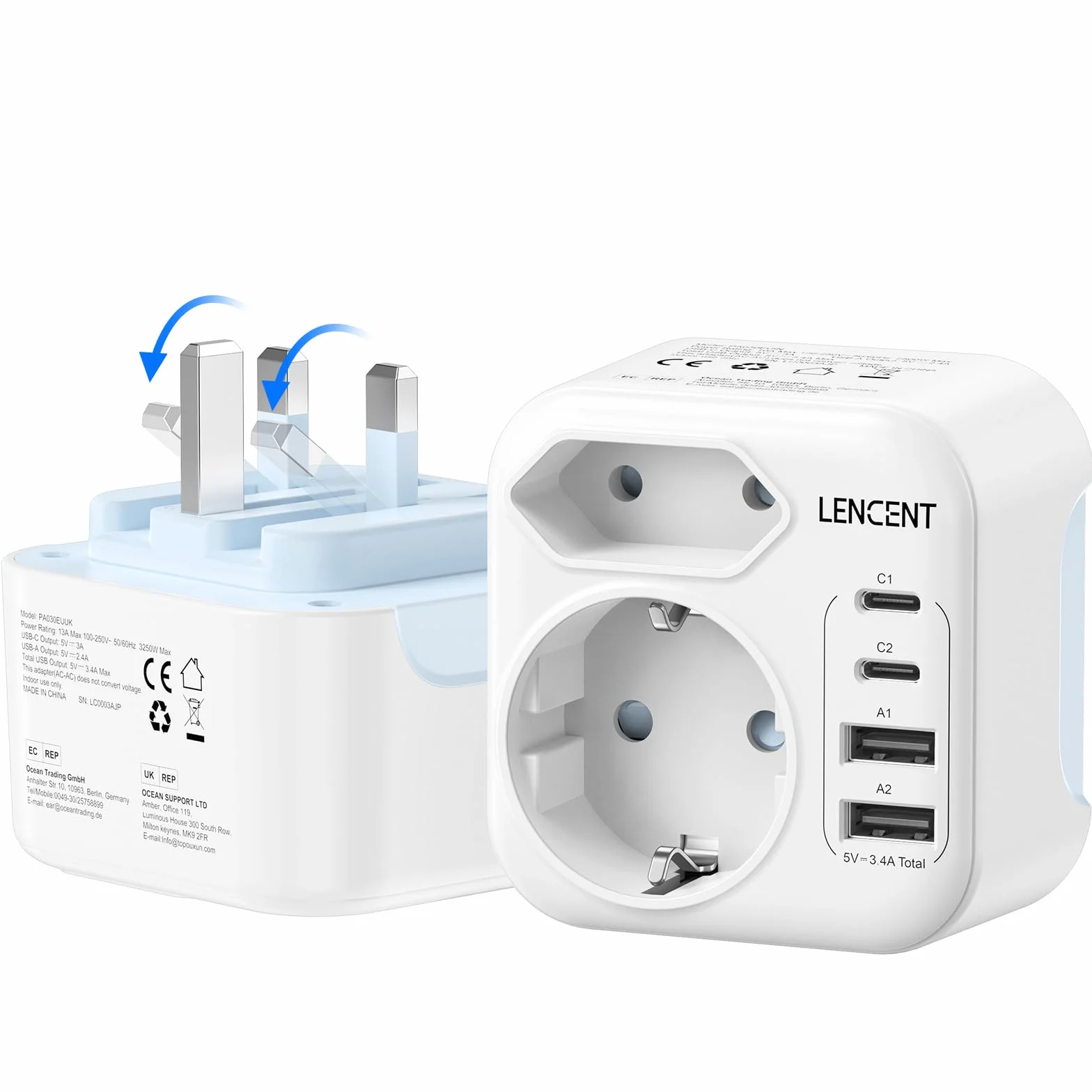 LENCENT Adattatore Presa Ingelese Tipo G Pieghevole con 2 Porte USB-C & 2 Porte USB-A EU a UK per Regno Unito