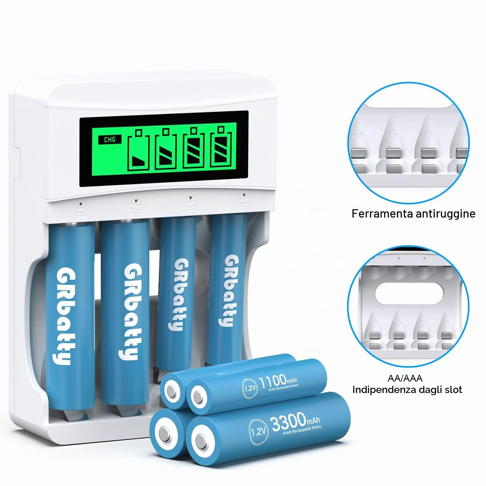 Batterie Ricaricabili AA AAA 3300mAh 1100mAh 1.2V con Caricabatterie LCD 8 Pezzi