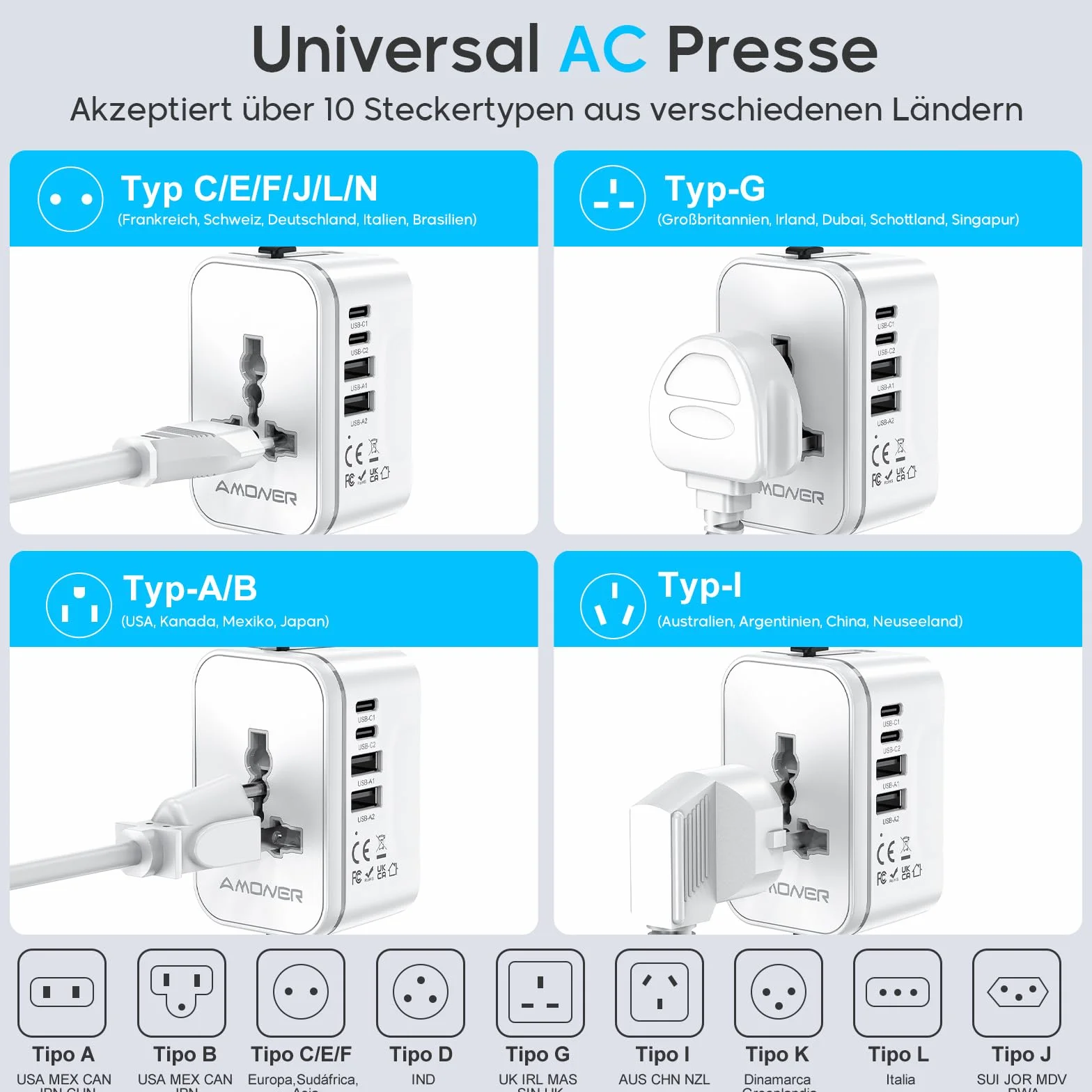 Amoner Adattatore Universale da Viaggio 2 USB C 2 USB A 2KW per 200+ Paesi