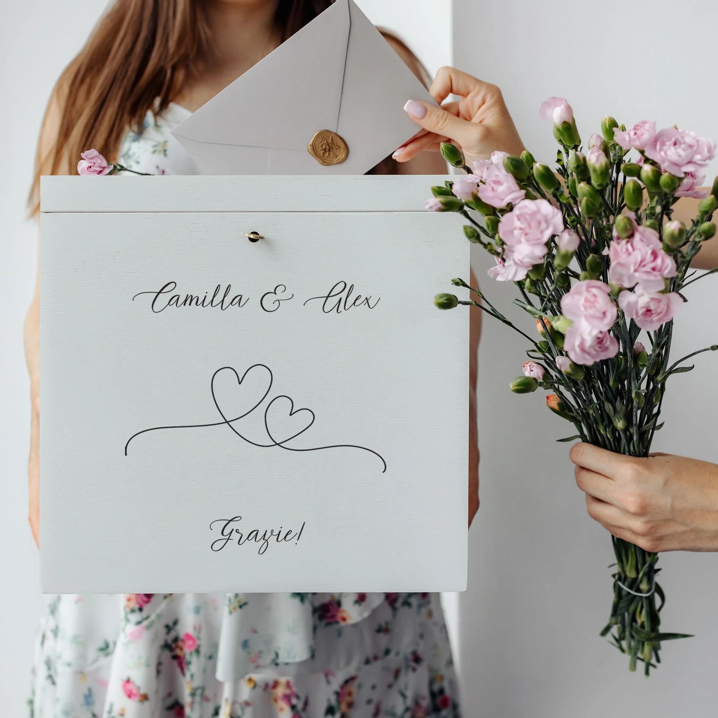 Porta Buste in Legno per Matrimonio 29x25x30cm Scatola Personalizzata Bianca con Serratura