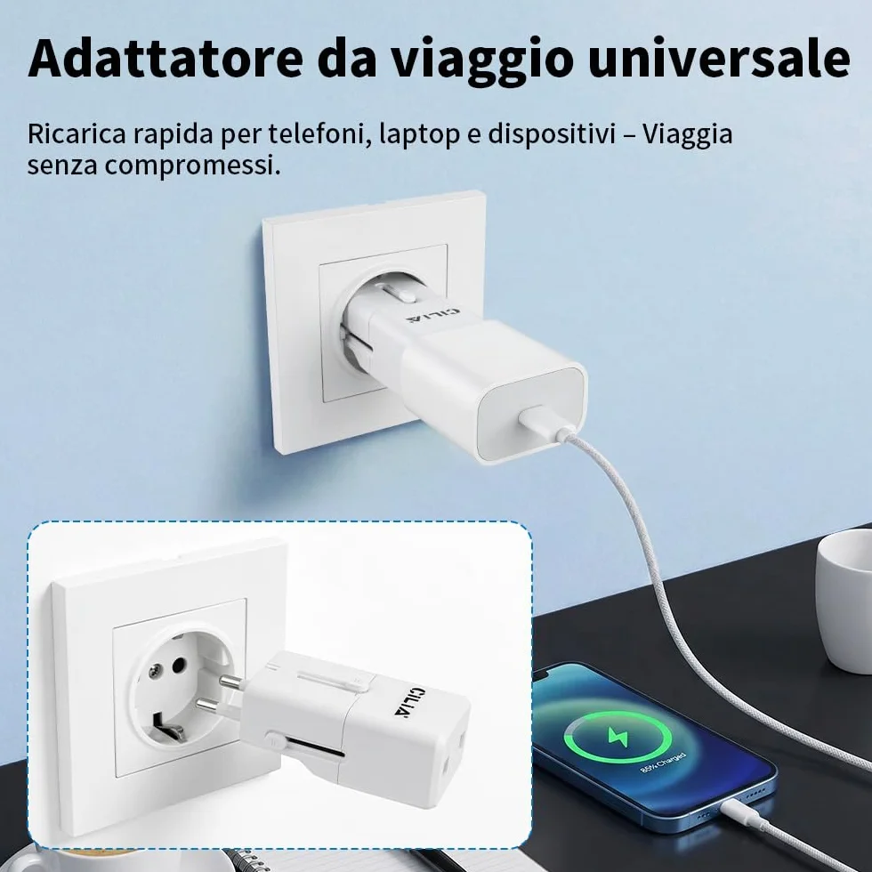 CILIA Adattatore Universale da Viaggio Presa Internazionale 150+ Paesi Spine US/UK/EU/AUS Compatto Bianco 2PCS