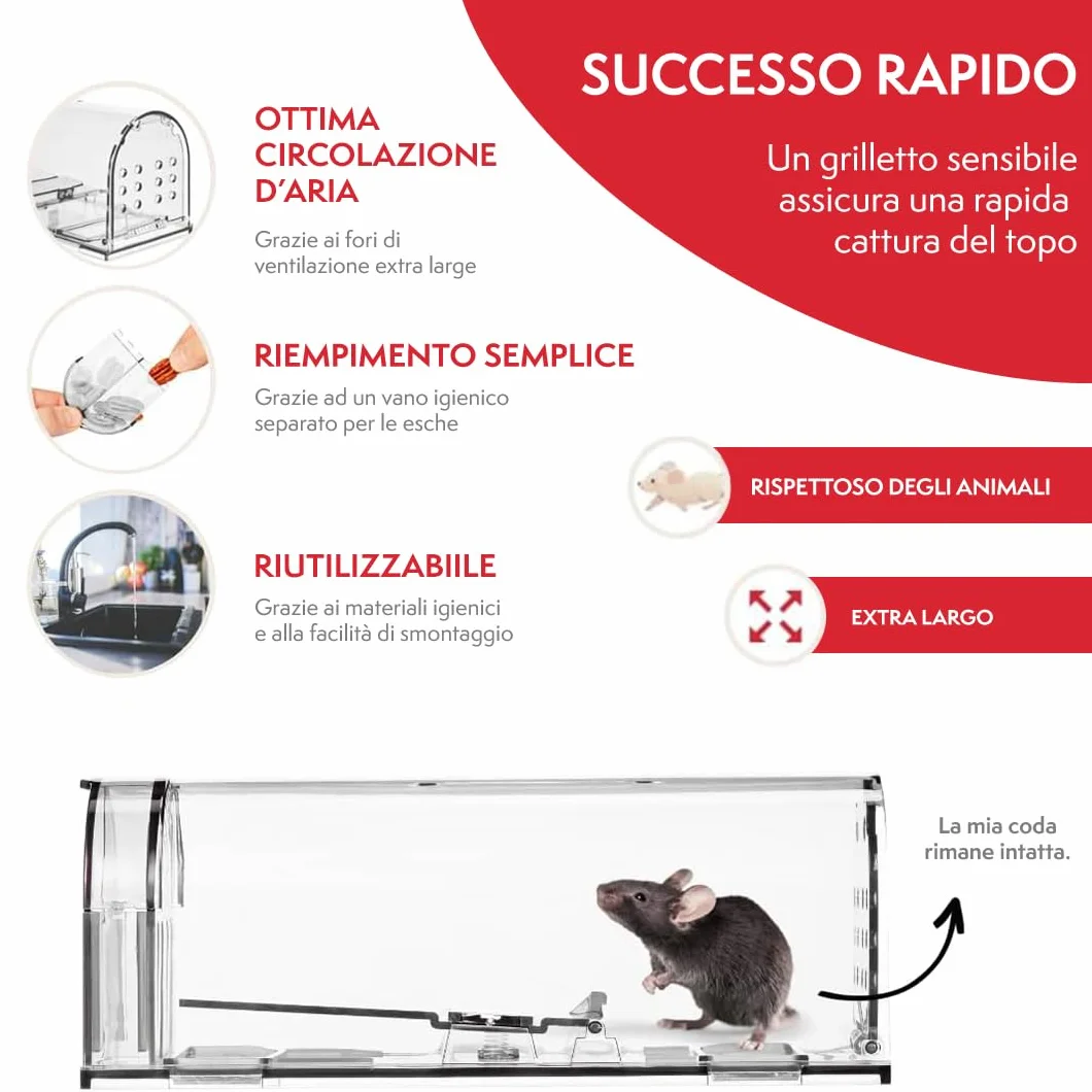 PATTLER® Trappola per Topi Vivi - Trappole per topi da Esterno e Interno - Trappole topi utilizzabili con esche per topi di vario genere - Trappola per Topi Grandi e Piccoli topi - Transparente 1 Pz