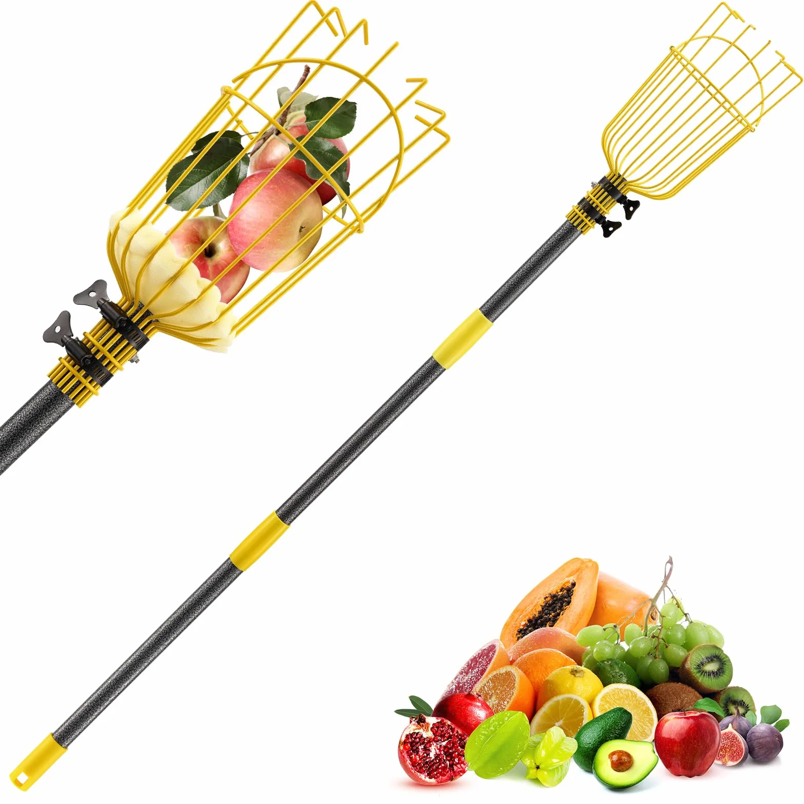 Raccogli Frutta con Palo -305 cm - Raccolta Frutta, Raccoglifrutta Regolabile in Altezza, Strumento per Raccolta Frutta ad alte Prestazioni, con Cesto di Frutta