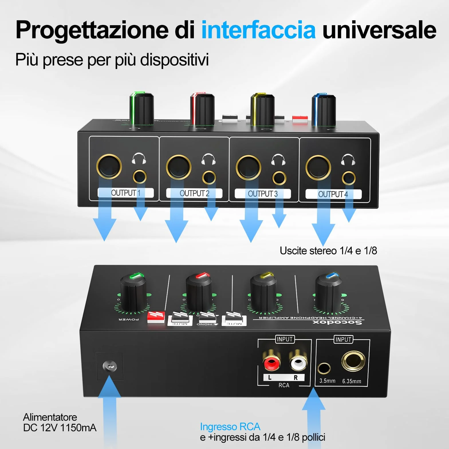 Amplificatore per Cuffie 4 Canali, Mixer Compatto in Metallo con 8 Uscite, Jack 3,5 mm/6,35 mm/RCA, Interruttore Stereo, Mute, Luce RGB