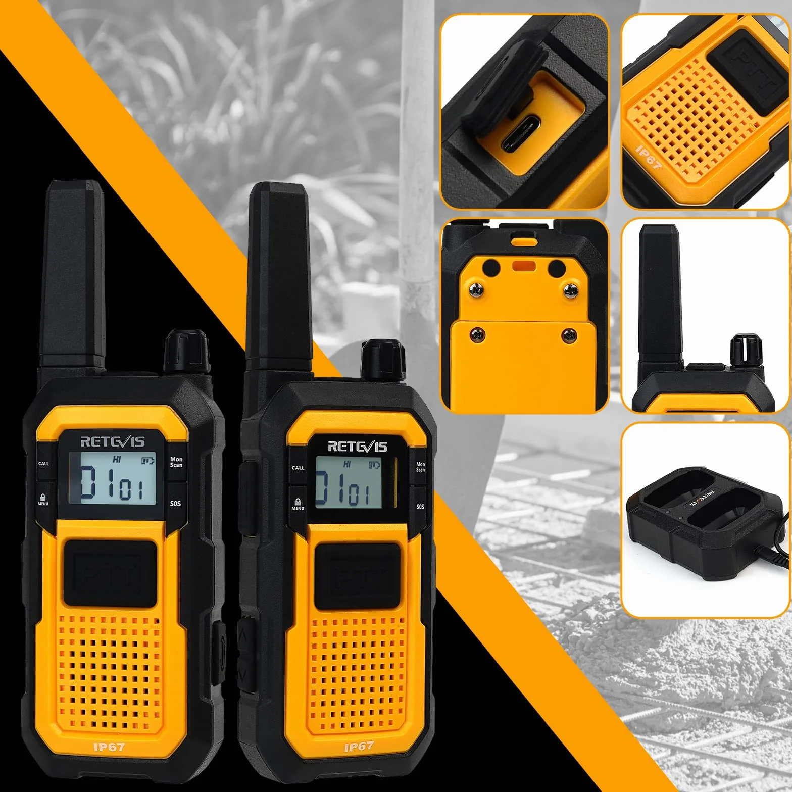 Retevis RB648 Walkie Talkie Robusto, Radio Bidirezionale Impermeabile IP67, 2000mAh Ricaricabile, Doppio PTT, 4 Pezzi Giallo