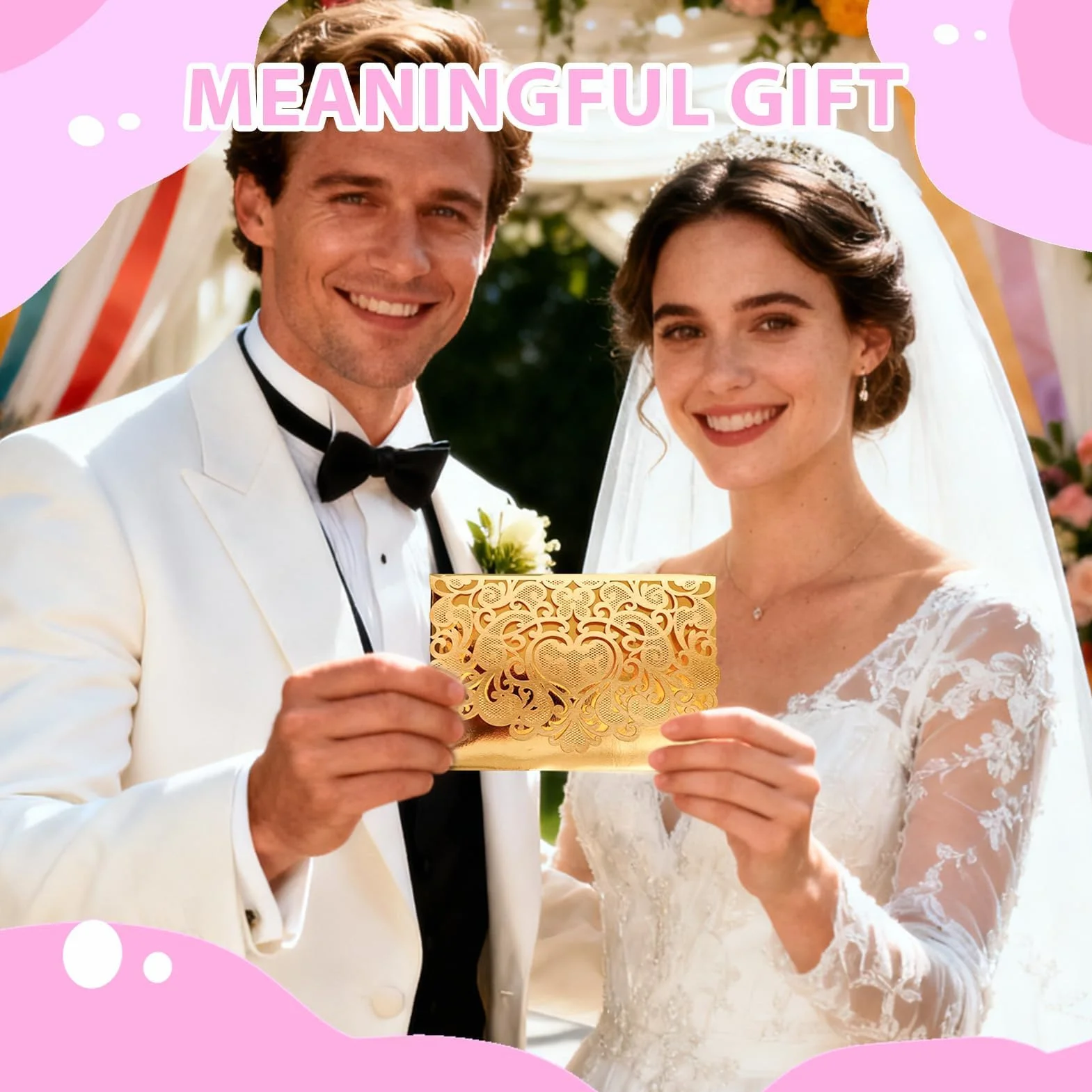 Elegante biglietto di nozze pop-up 3D dorato con busta, invito romantico per coppia di sposi