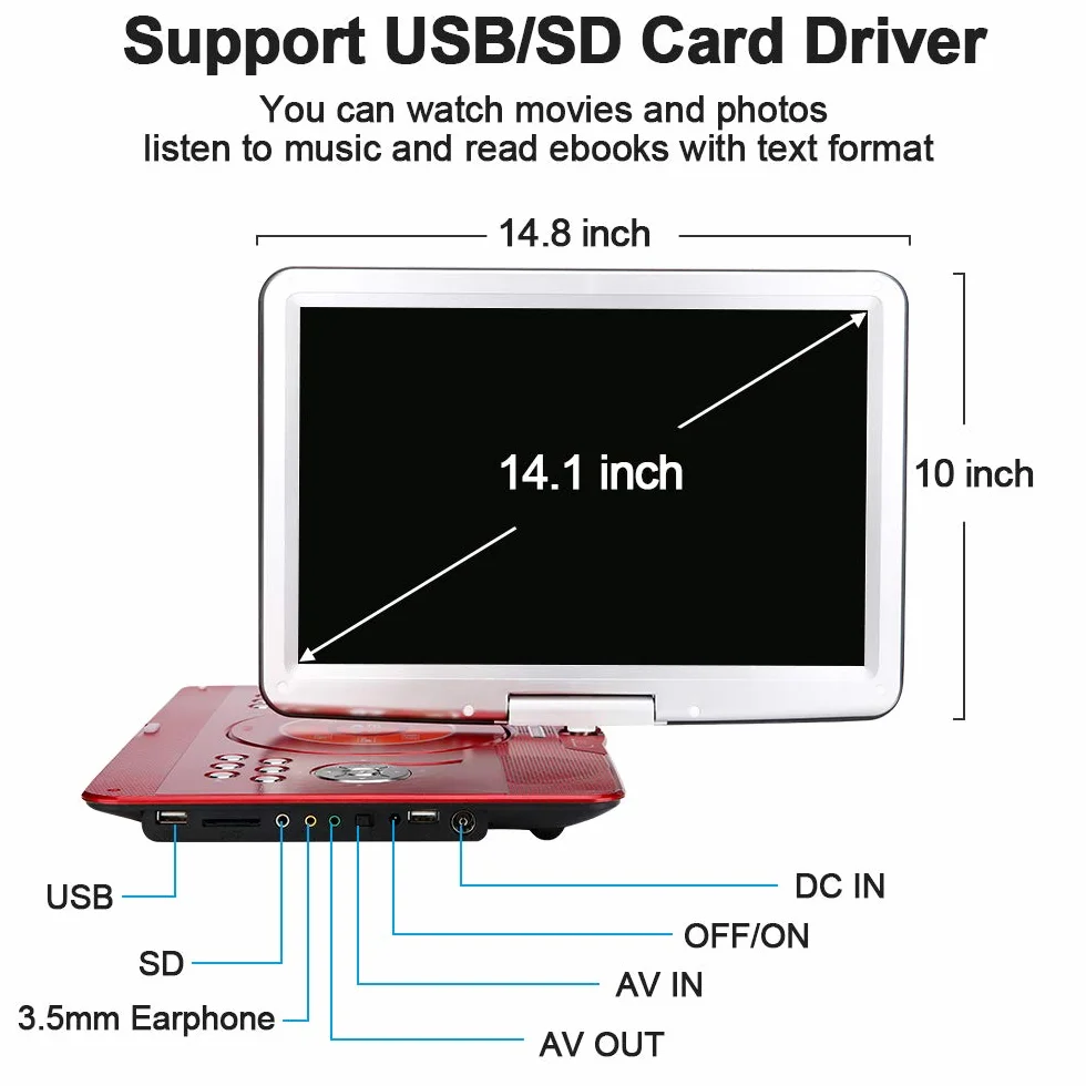 YOOHOO Lettore DVD portatile 16,9" schermo LCD per bambini con adattatore auto ricaricabile SD USB AV IN/OUT telecomando rosso