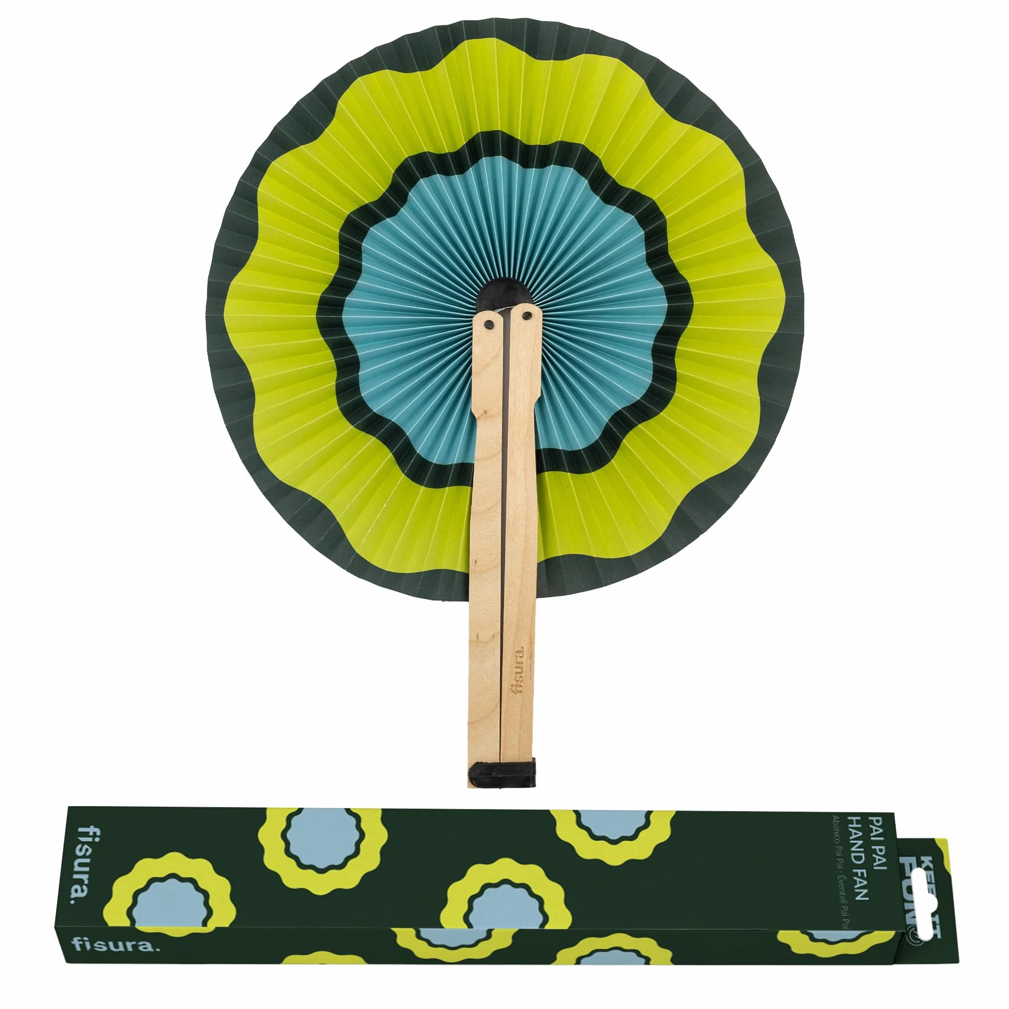 Fisura – Ventaglio pieghevole verde con onde, ventaglio originale in carta, pai pai verde e blu, accessorio per matrimonio, dettaglio per invitati, idea regalo per festa o cerimonia