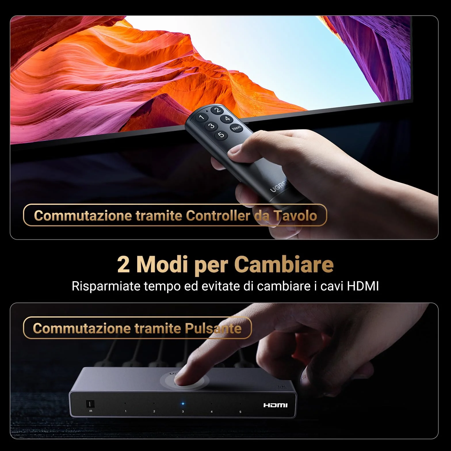 UGREEN Switch HDMI 2.1 8K 60Hz 4K 240Hz HDCP 2.3 5 Ingressi 1 Uscita Telecomando
