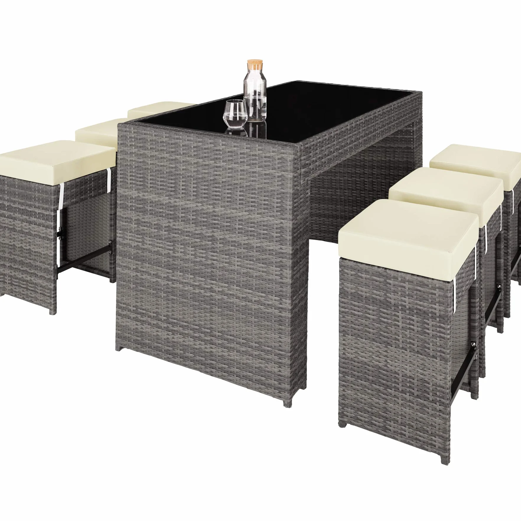tectake® Set Tavolo e Sgabelli da Bar in Polyrattan Ibiza, Set da Bar 7 Pezzi, 1 Tavolo con Lastra in Vetro, 6 Sgabelli, Comodi Cuscini, Involucro Protettivo Incluso - Grigio