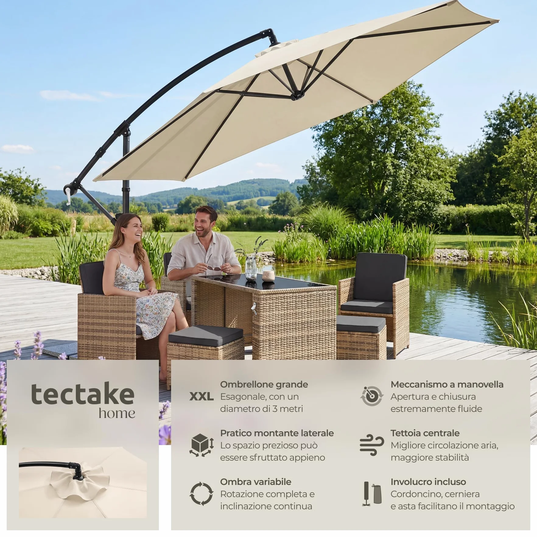 tectake® Ombrellone da Giardino 3x3 m, Ombrellone a Braccio Girevole 360°, Protezione UV 50+, Idrorepellente, Inclinabile, Base in Acciaio a Croce, Manovella, Arredamento Giardino
