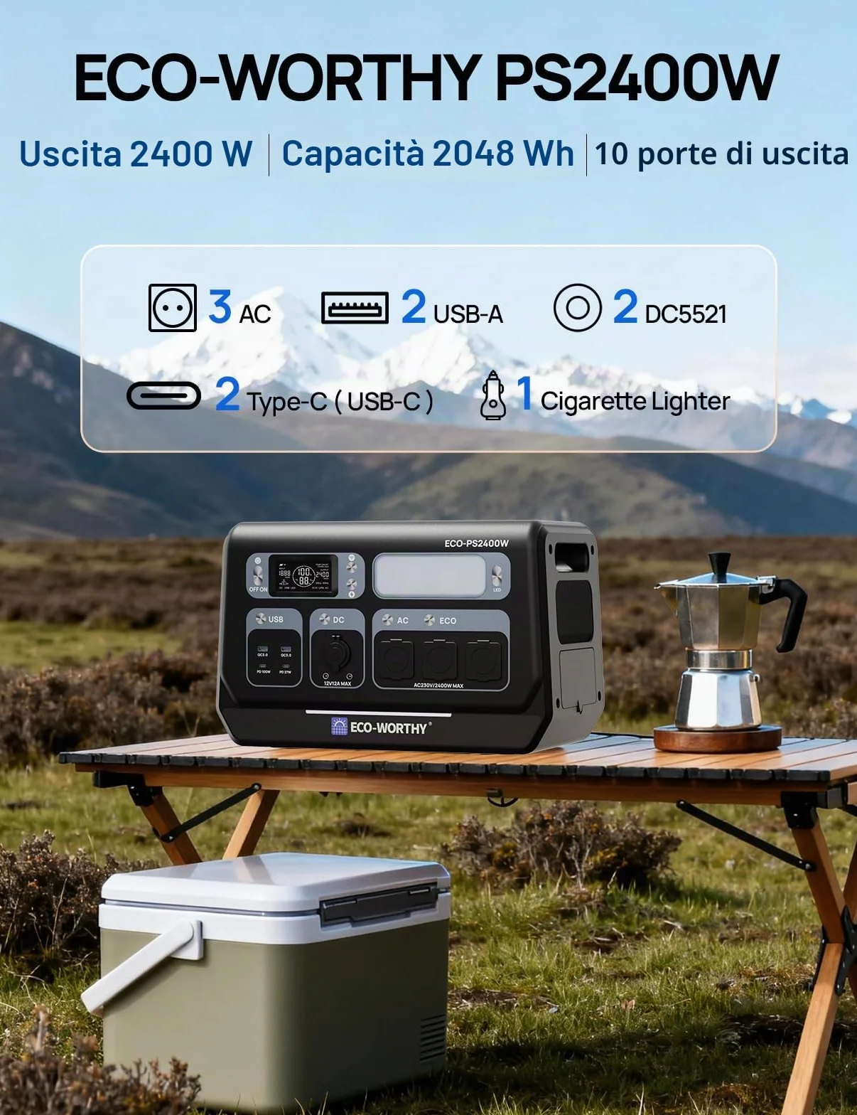 ECO-WORTHY 2400W Power Station Portatile,Batteria Lifepo4 da 2048 Wh, 10 Porte, Potenza di Picco 4800W, WIFI e Funzione Bluetooth, Adatto per Camper, Campeggio e Emergenze a Casa
