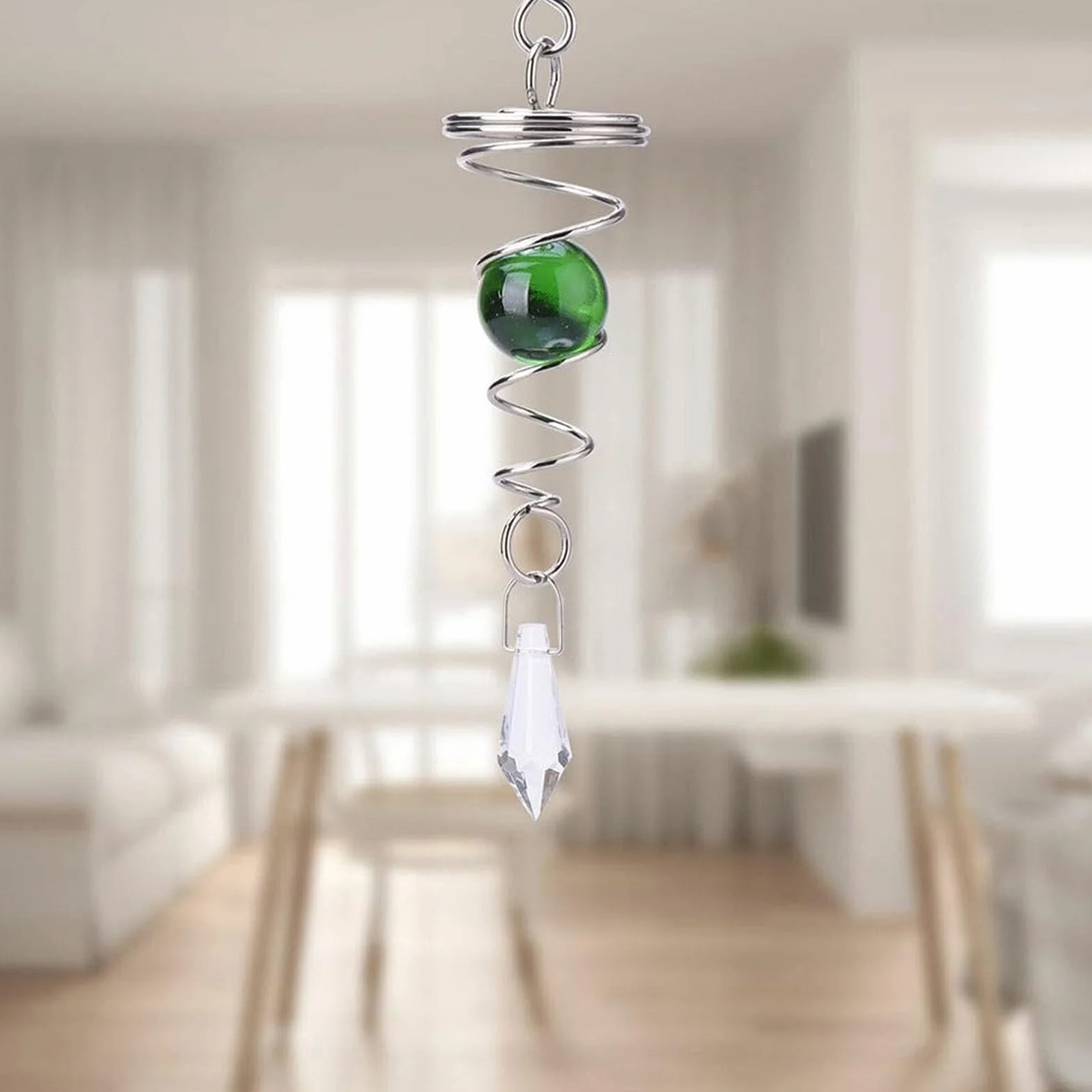 Sfera di cristallo a vento, girandola a spirale da giardino, con coda a spirale, decorazione decorativa per interni ed esterni (verde)