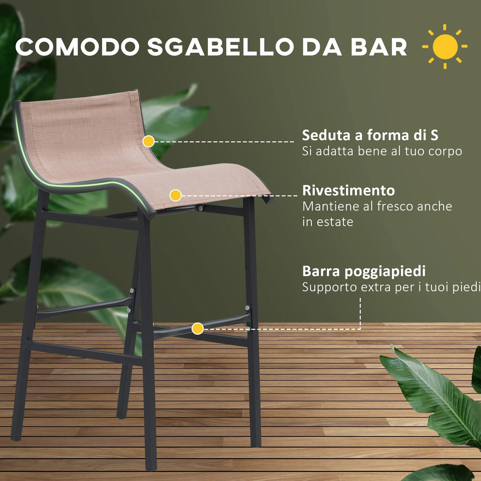 Outsunny Set da Bar/Ristorante 3 Pezzi: 2 Sgabelli (40.5x50x82cm) 1 Tavolo Vetro Temperato (Φ60x102cm), Nero e Marrone