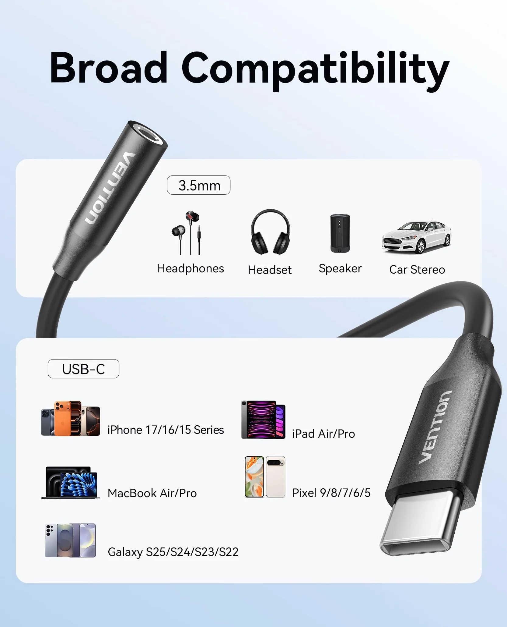 VENTION Adattatore Jack USB C a 3.5mm Bluetooth Audio per iPhone 17/16/15 Pro Max Hi-Fi