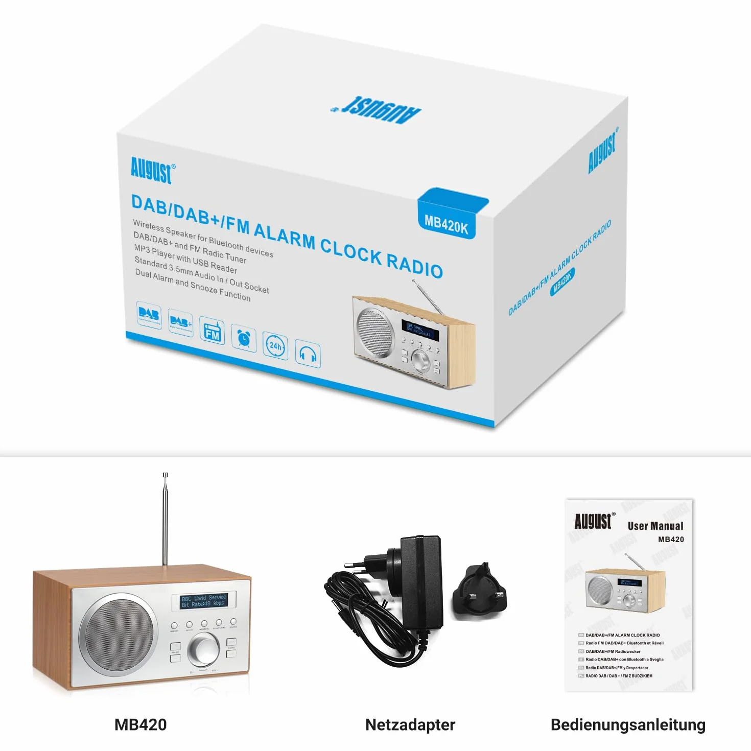 August MB420 Radio DAB/DAB+/FM, Radiosveglia Bluetooth, Subwoofer 5W, USB/Aux - Quercia