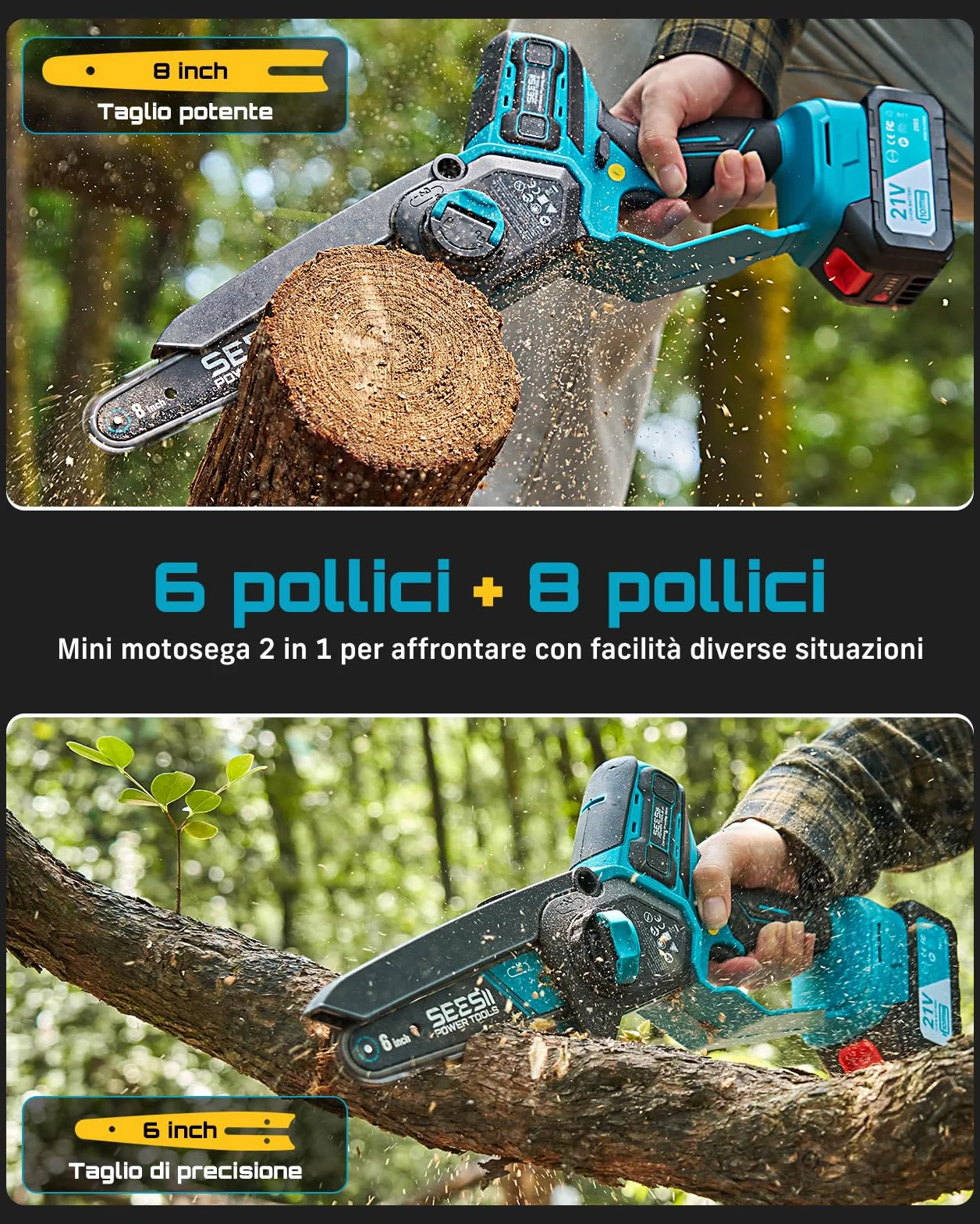 SEESII 6 & 8 Motosega a Batteria, 1000 W Mini Motosega con 2 * 4000 mAh Batterie, Sega Elettrica per Legno con Lubrificazione Automatica, Chainsaw Motosega da Potatura, Rami