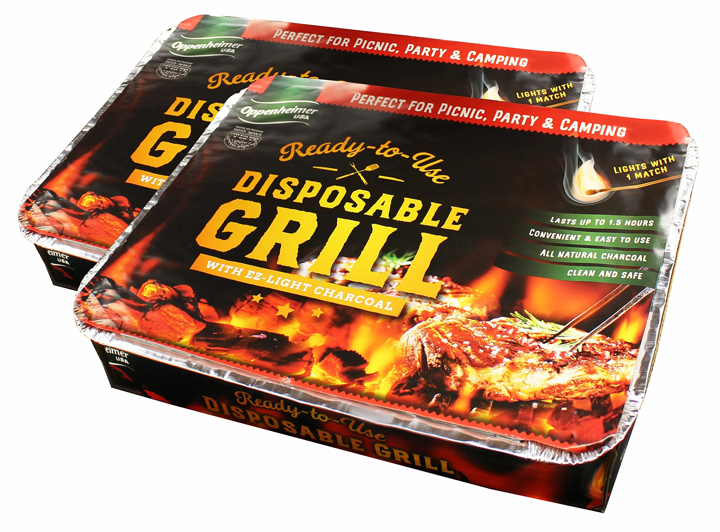 Barbecue a carbonella usa e getta da viaggio, pronto all'uso, facile da accendere, kosher | 2 pezzi