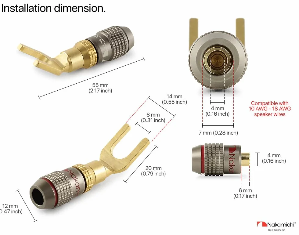 Nakamichi FanLock Excel Series 24k placcato oro connettore a forcella spina a banana 10 AWG - 18 AWG 4mm per altoparlanti amplificatore Hi-Fi, 8 pezzi