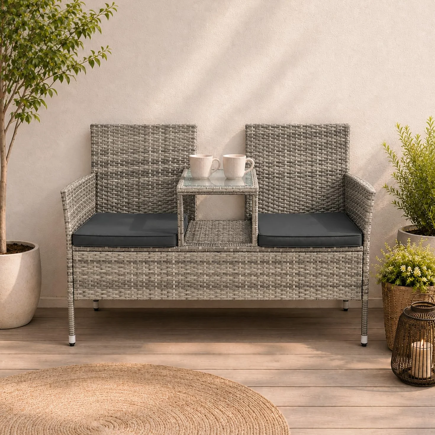 Juskys panca da giardino Monaco in polyrattan – 2 posti con tavolo e cuscini – 133×63×84 cm – resistente alle intemperie per balcone e terrazza – grigio melange