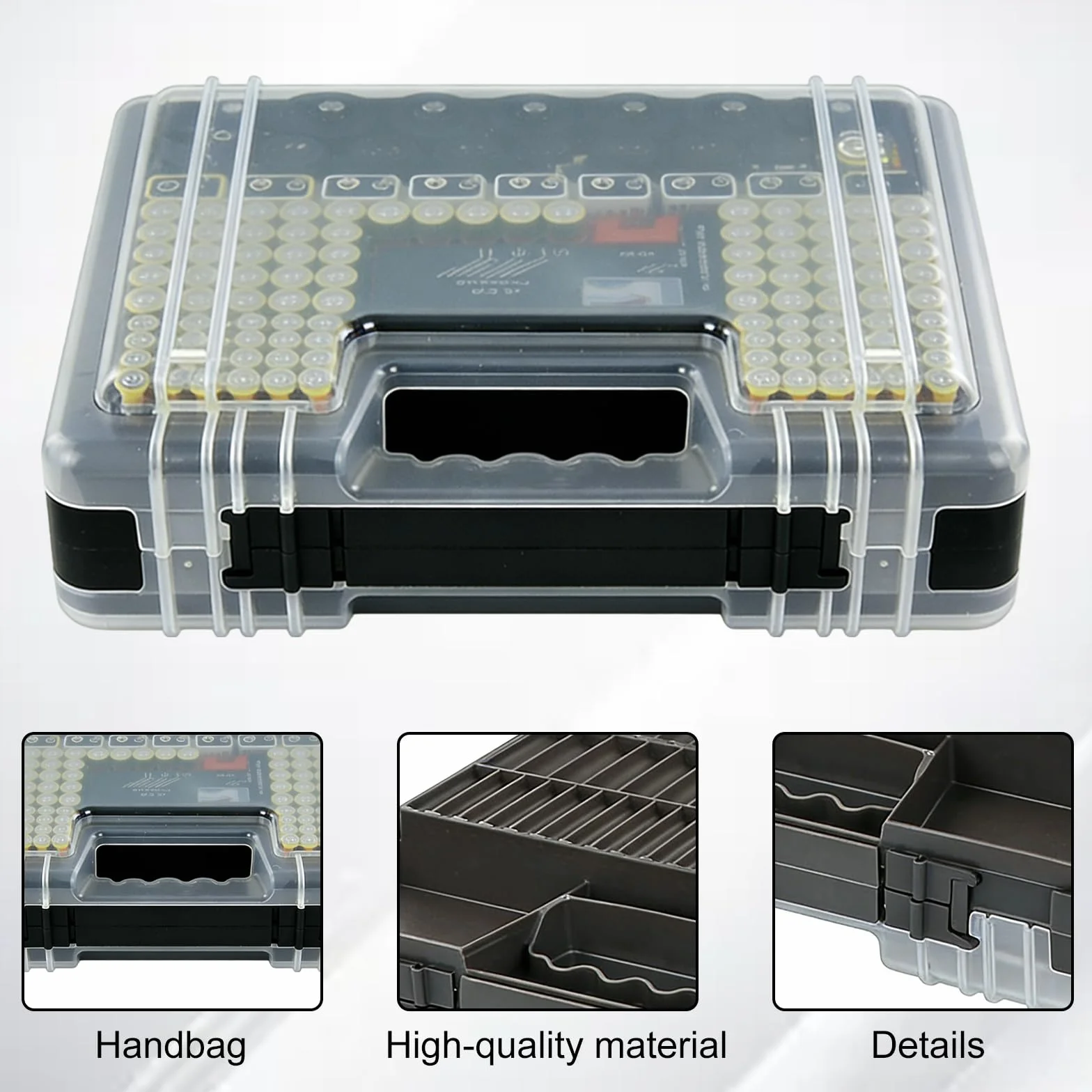 Scatola per batterie con tester 239 pezzi organizer compatibile AAA AA C D 9V nera
