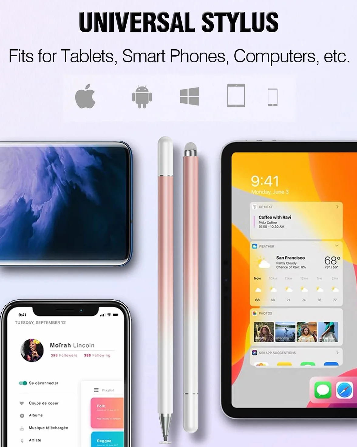 Penna Touch 2 w 1 do Tabletu i Smartfona, 3 szt. (Niebieski, Różowy, Fioletowy)