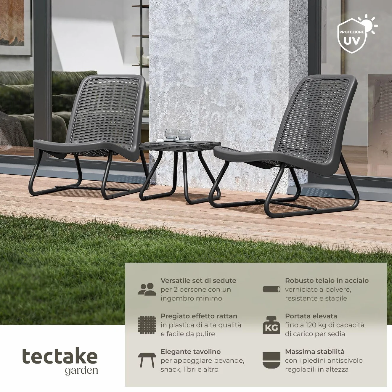 tectake® Salotto da Giardino in Rattan, Salotto da Giardino Esterno con Telaio in Acciaio, 1 Tavolino Salotto, 2 Sedie da Giardino con Schienali Ergonomici e Regolabili in Altezza - Grigio