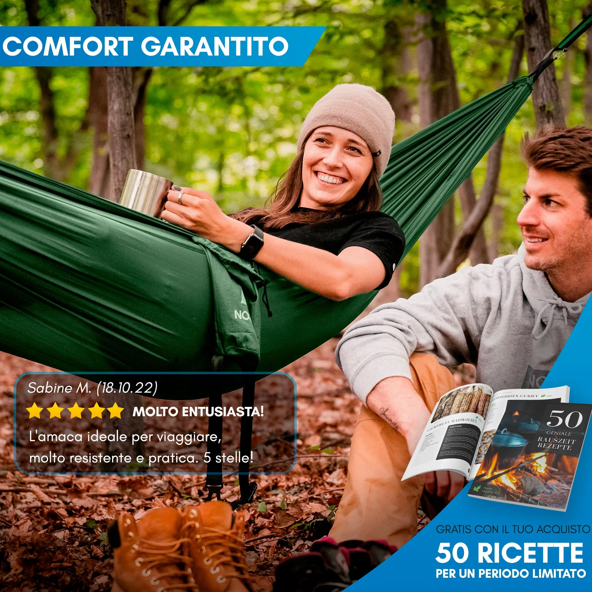 NORDMUT Amaca Ultralight Outdoor Set di Fissaggio – Amaca da Campeggio con Protezione Alberi – Portata 300 kg Verde 140x275 cm