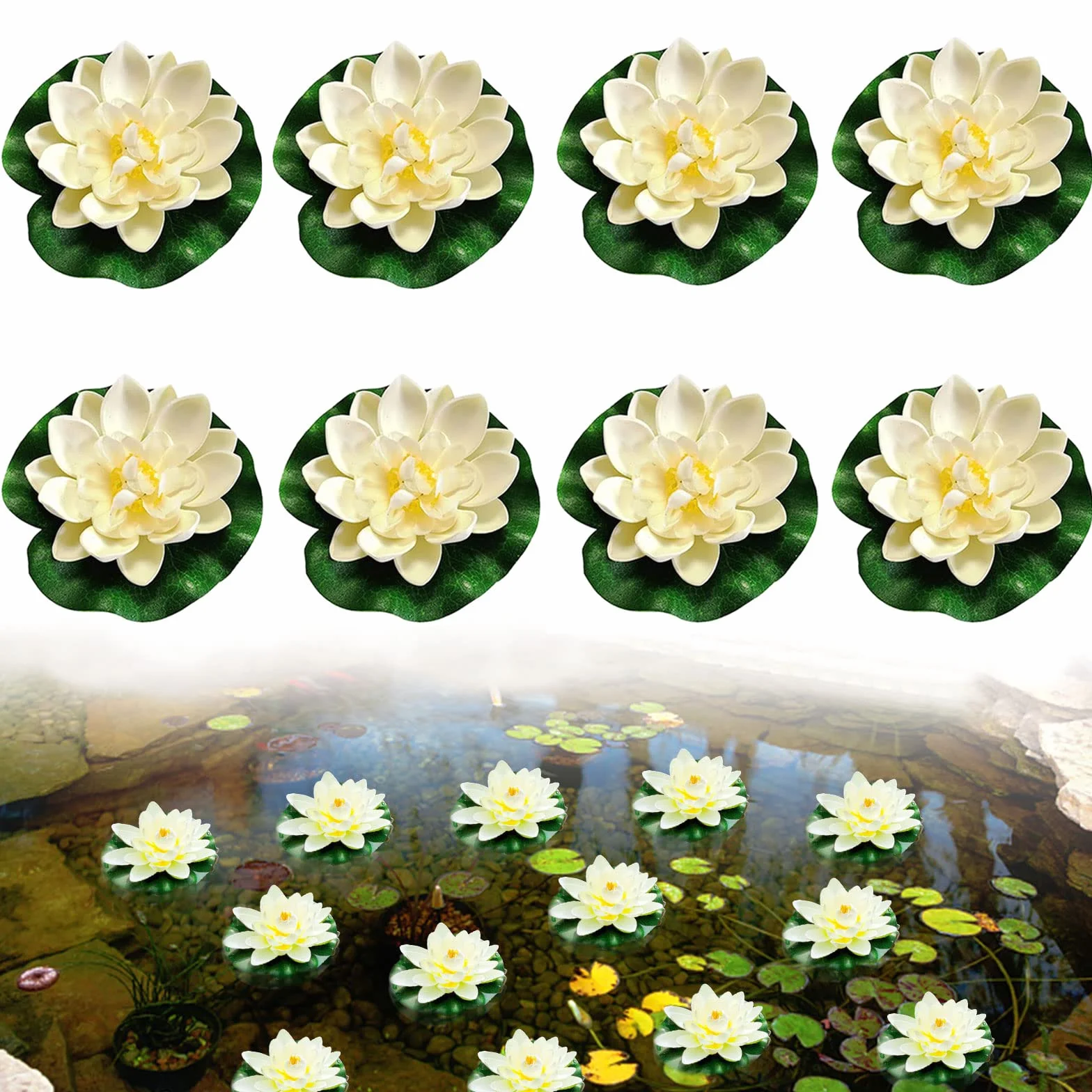 JOKILY 8 fiori galleggianti, piante di giglio d'acqua, ninfee artificiali, galleggianti, fiori artificiali, loto bianco, piante da stagno, decorazione per laghetti da giardino