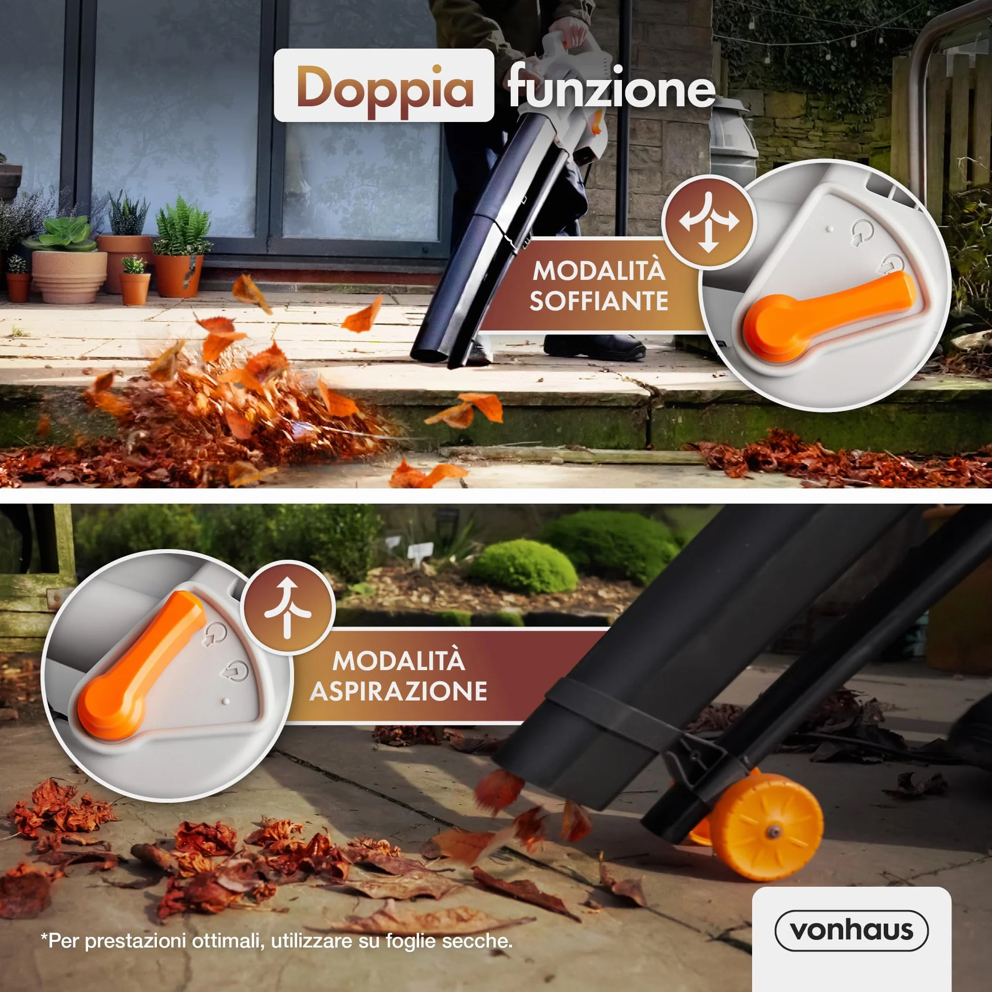 VonHaus Soffiatore e Aspirafoglie da Giardino da 3000 W – Soffiatore Foglie per Giardini, Grondaie, Vialetti – Leggero, con Tracolla, Ruote, Sacca Raccolta da 35 Litri