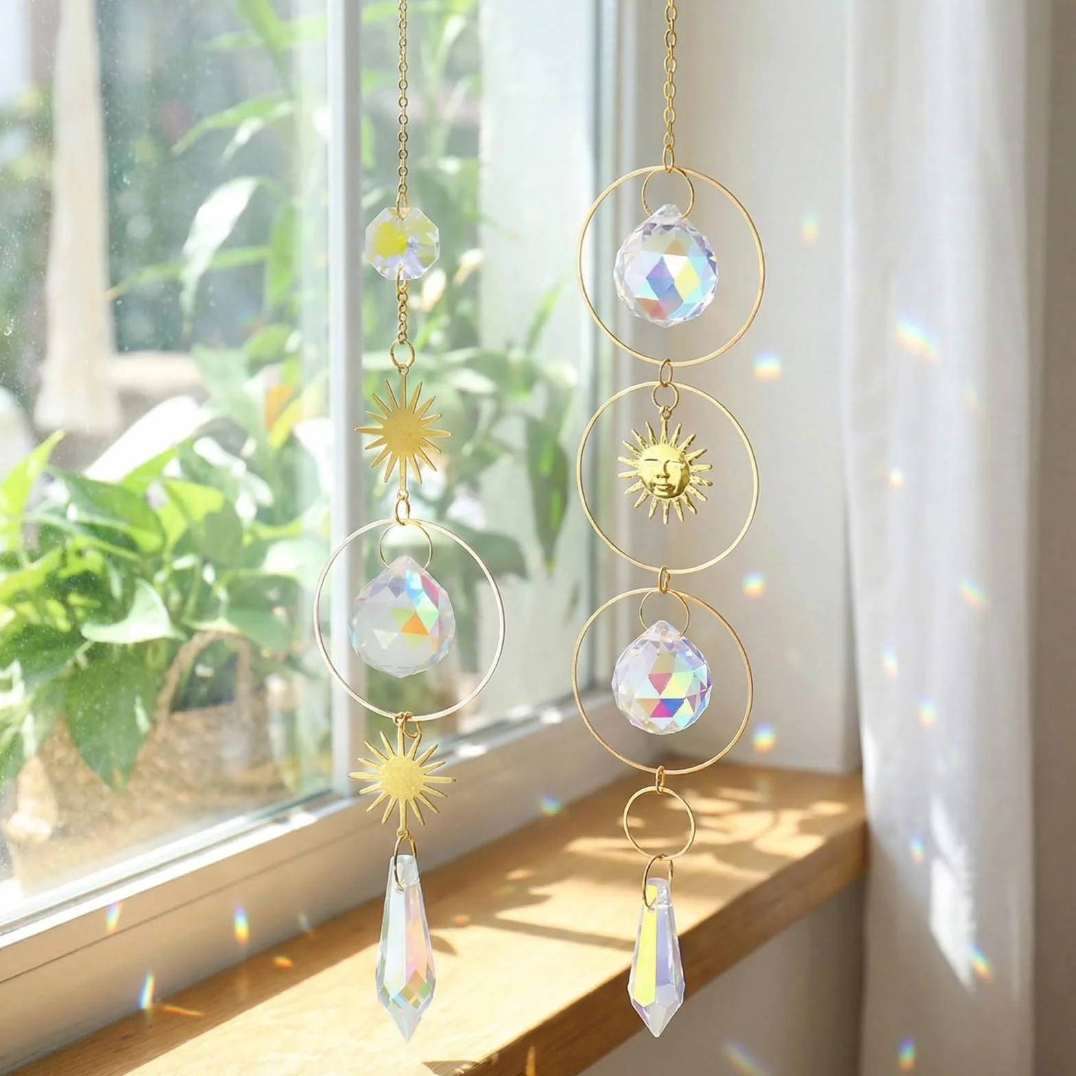 Acchiappasole, 2 Pezzi 40 cm Campanelli in Cristallo di Vetro Prismatico, Cristalli Pendenti Sun Catchers Decorazione Finestra, Suncatcher Appeso con Pendente Arcobaleno per Finestra Giardino