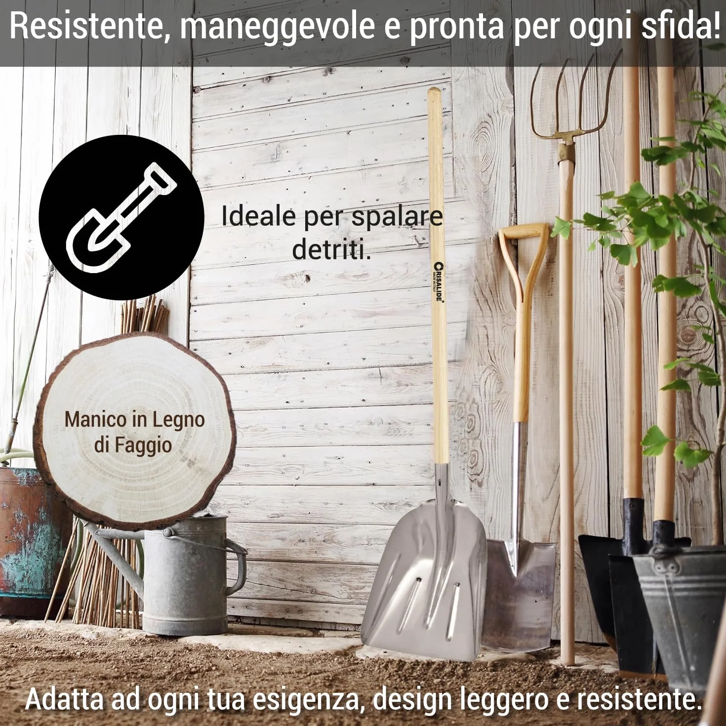Crisalide® - Badile Super Resistente 36x49 cm con Manico in Legno - Versatile per Uso Agricolo, Giardinaggio e Lavori Pesanti, Multiuso, Pala da Neve (Alluminio)