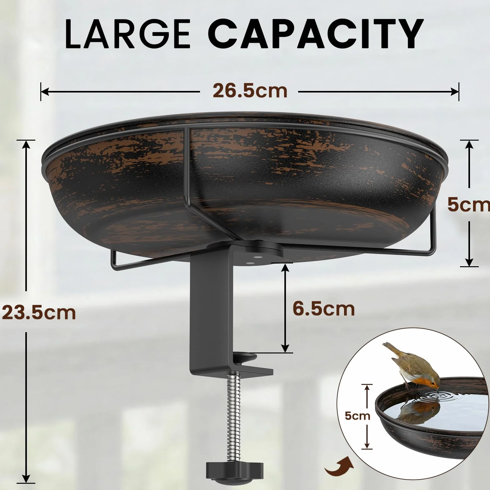 Abbeveratoio da appendere per ringhiere del balcone metallo Φ26 cm per uccelli selvatici antico grande capacità
