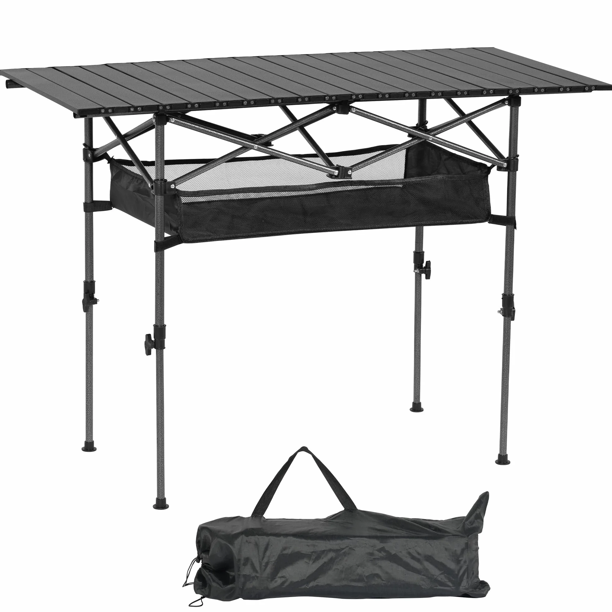 SogesPower Tavolo Campeggio Pieghevole, Altezza Regolabile 55-80cm, Piano Arrotolabile 120x55cm, Acciaio Carbonio Leggero 4,4kg, Capacità 80kg, Tasca a Rete + Borsa Trasporto, Nero
