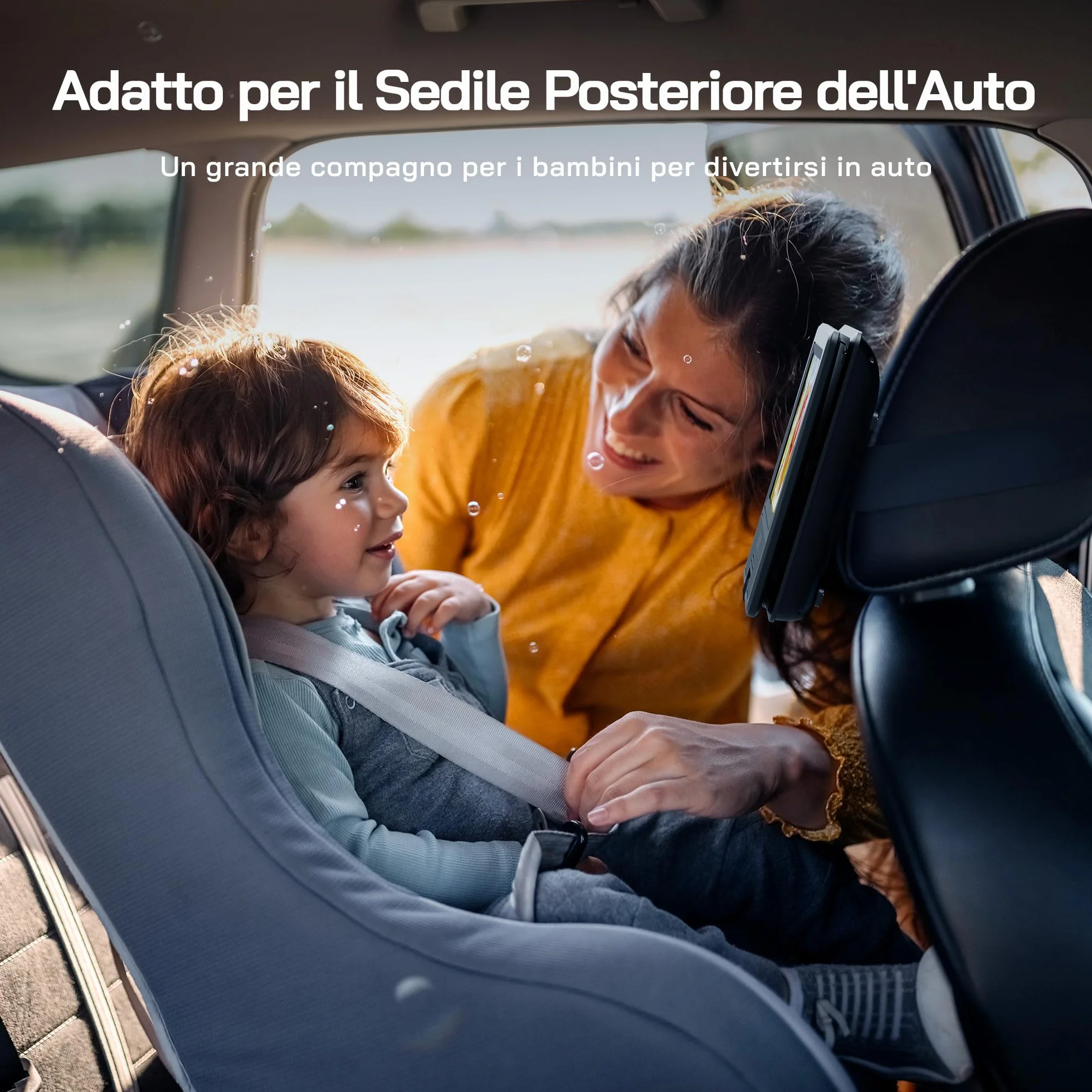 WOLFANG Lettore DVD portatile 9,5" schermo girevole HD 7,5" altoparlanti stereo batteria 6 ore Sync-TV USB SD