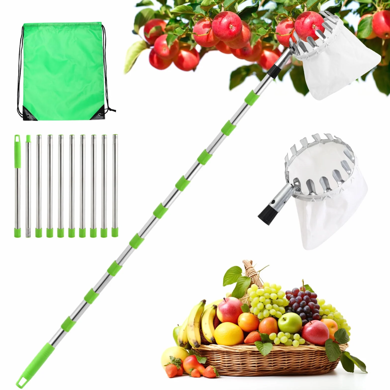 seOSTO Raccogli Frutta con Manico telescopico, 4,2 m, per Ciliegie, Diametro 16 cm, raccogli Mele, con Sacchetto di Cotone, raccogli Ciliegie, prugne per Reaching Inaccessible Places in Fruit Trees