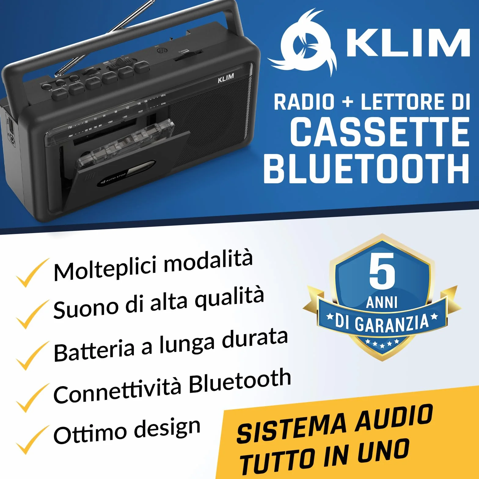 KLIM Lettore Cassette Audio Boombox Radio AM/FM Bluetooth Registratore a Cassette USB Altoparlante Portatile Retrò Nero