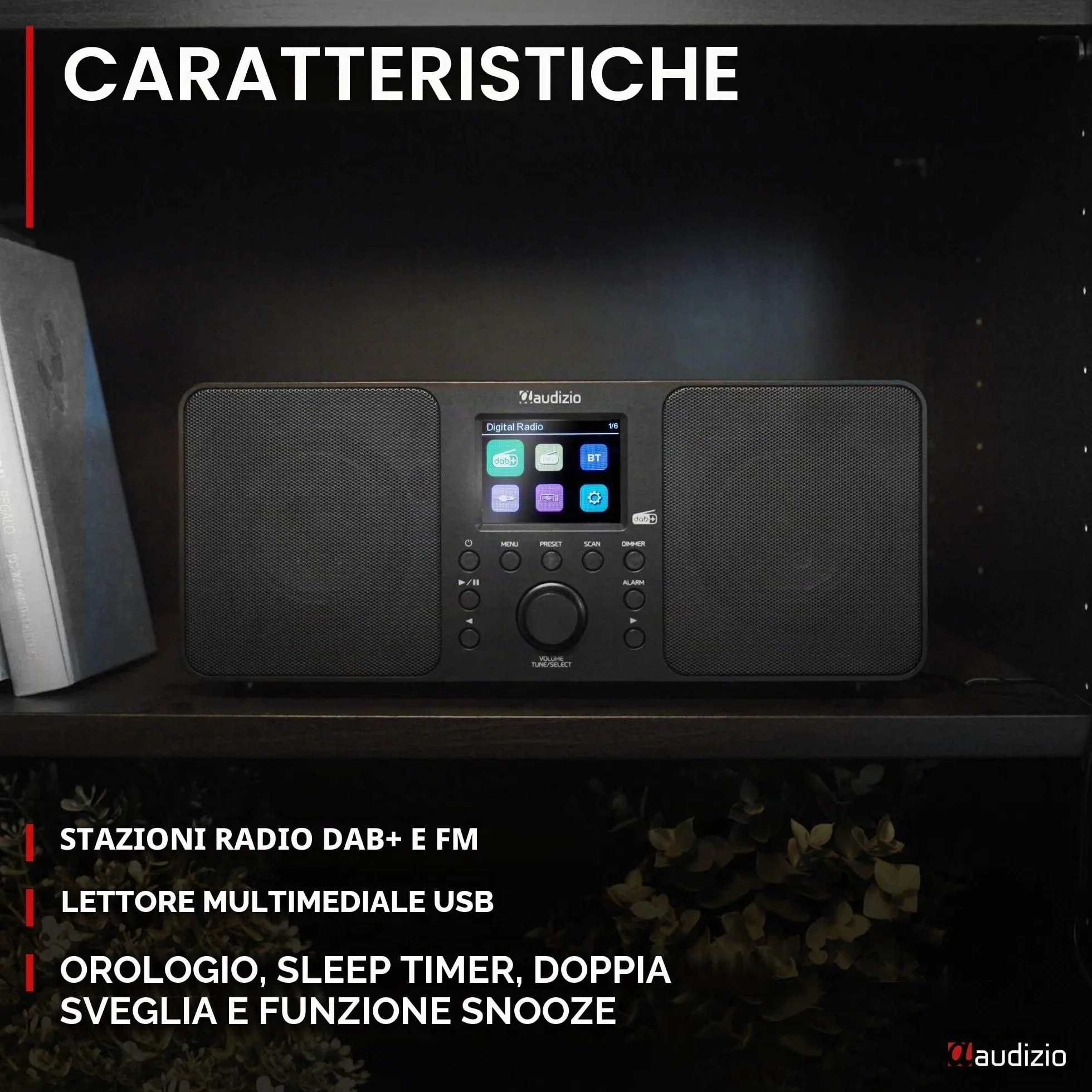 Audizio Genua Radio Digitale DAB+ Bluetooth 50W Altoparlanti Stereo FM USB Doppio Allarme Telecomando Display Colori