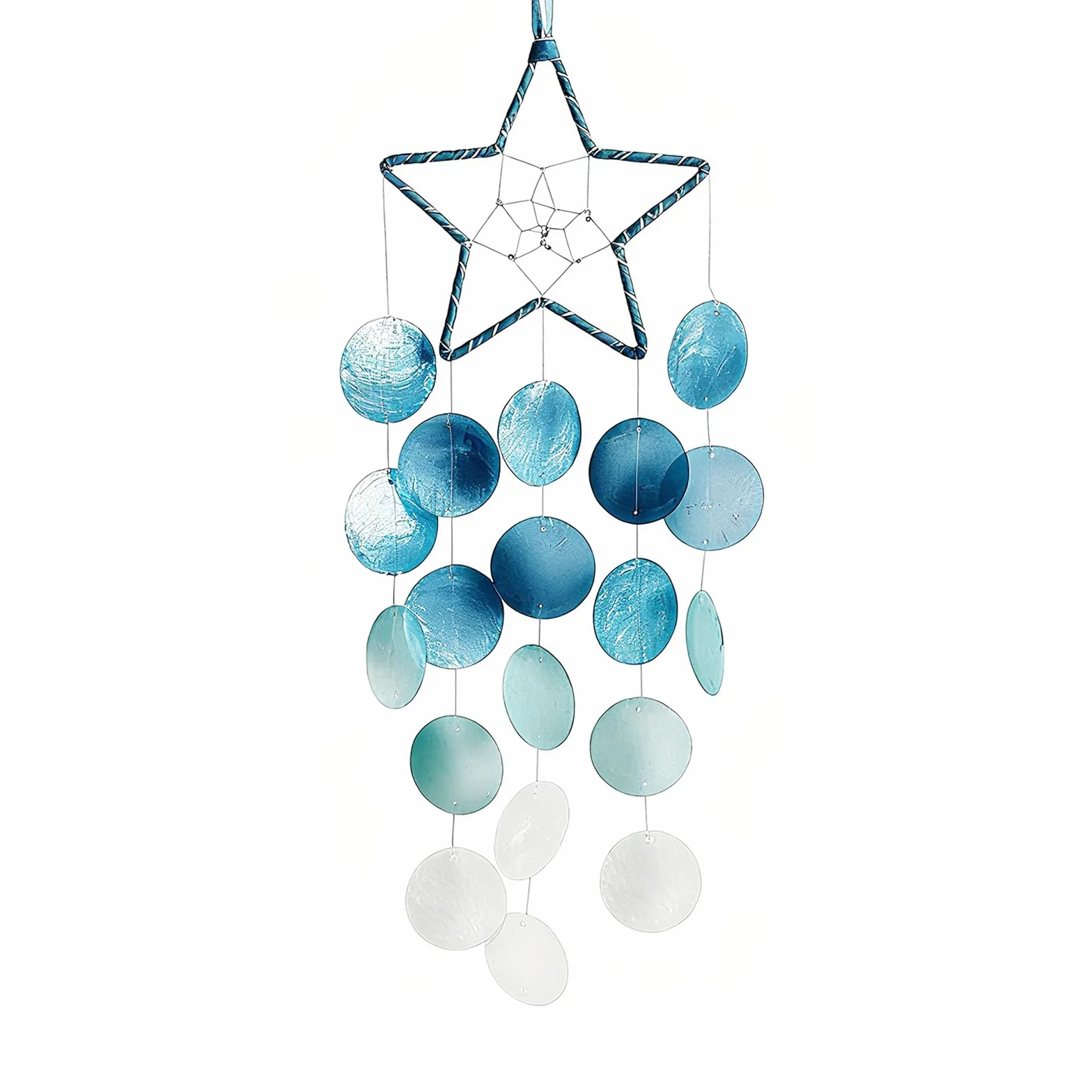 Carillon vento conchiglie appeso esterni - Artigianale, dipinto - Decor blu bianco spiaggia oceano - Per casa e giardino - Regalo ricordo o condoglianze