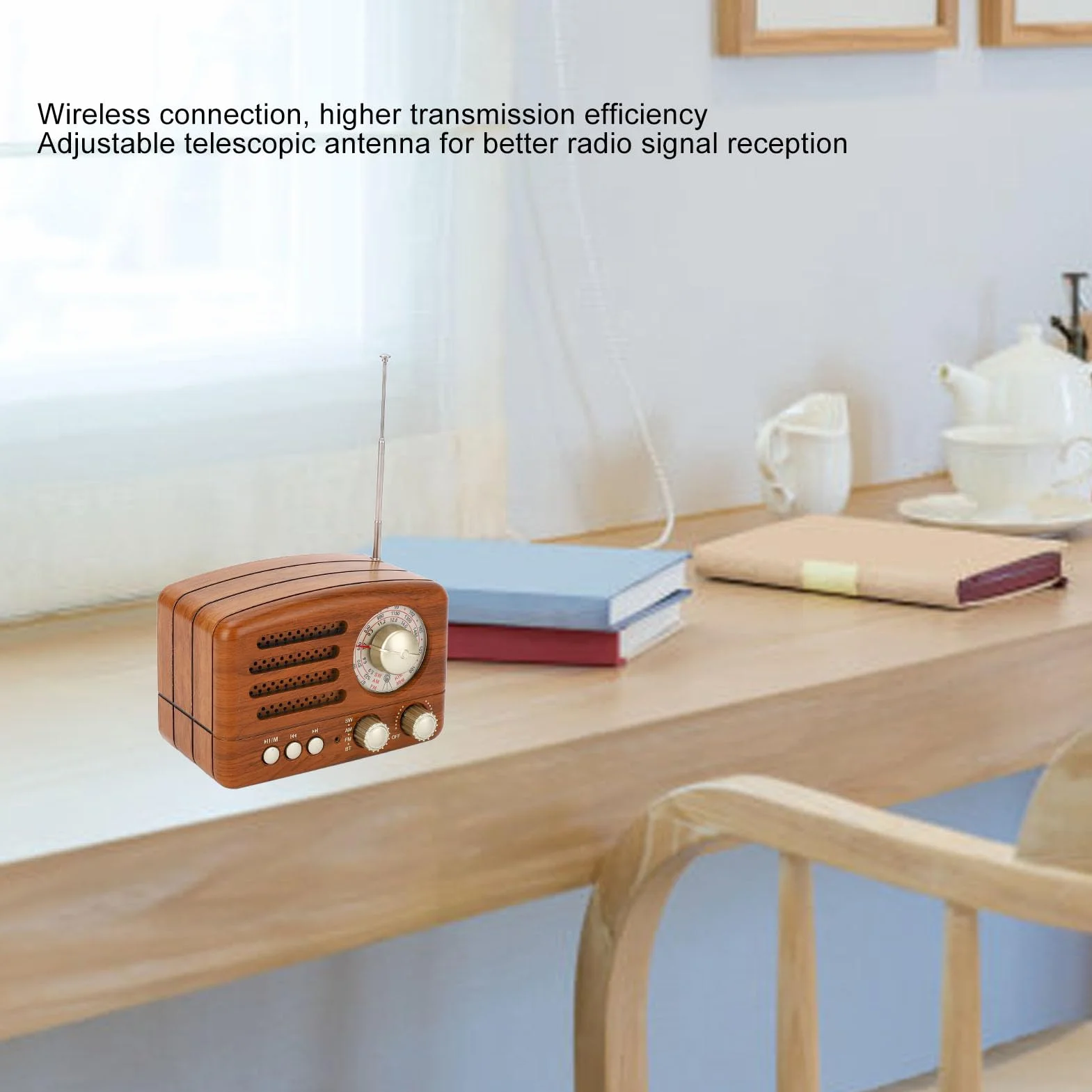 Radio AM FM vintage Altoparlante retrò portatile USB con antenna regolabile, batteria 1800mAh, legno