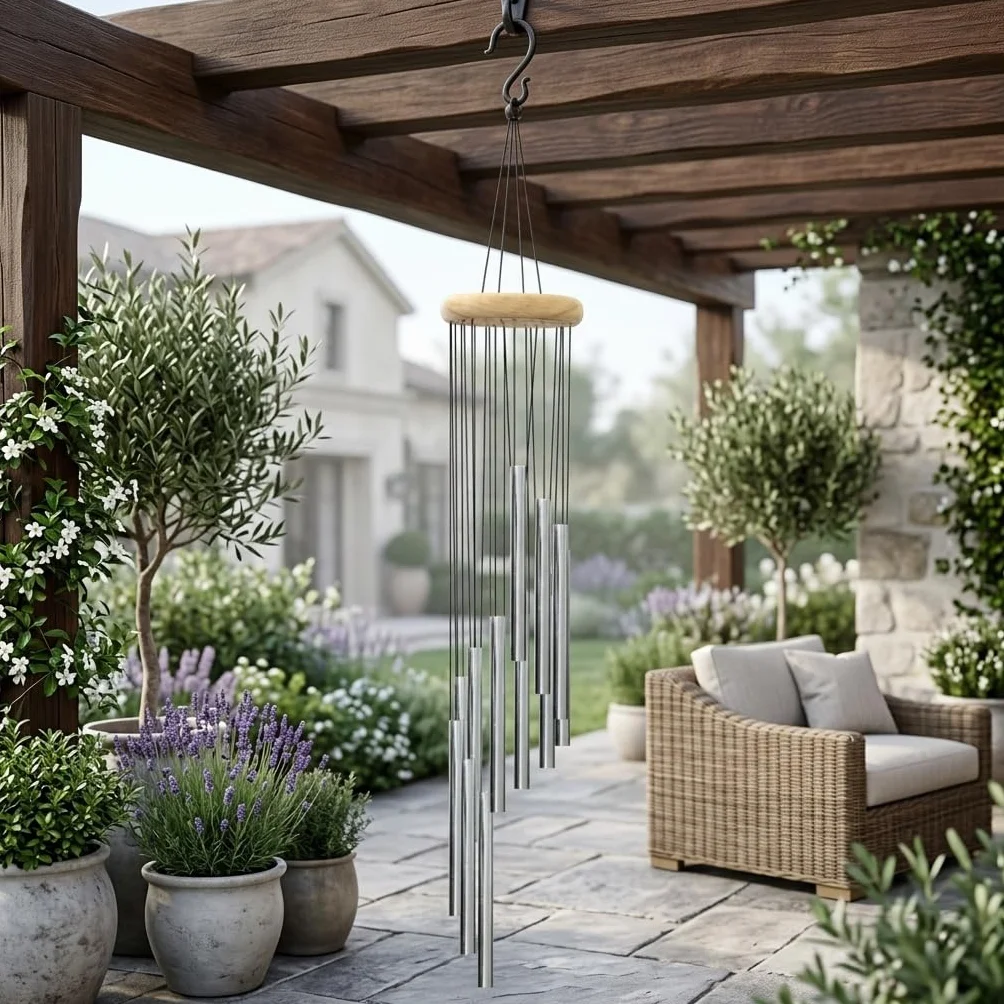 Campane eoliche, per esterni, con 12 tubi in alluminio, 23 pollici, per giardino, patio, decorazione per la casa, idea regalo (argento)