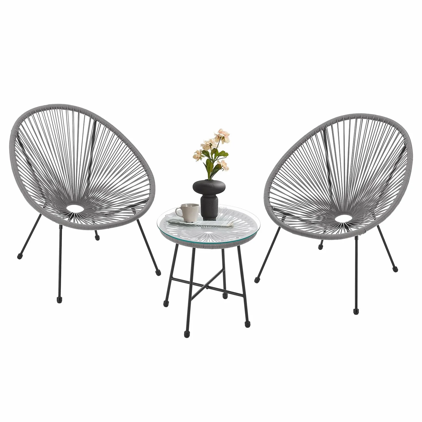 Juskys Set di mobili da balcone Ostana 3 pezzi - Tavolo e 2 poltrone - Elegante gruppo di seduta per balcone, terrazza e giardino - Set di mobili da giardino per balcone Grigio chiaro